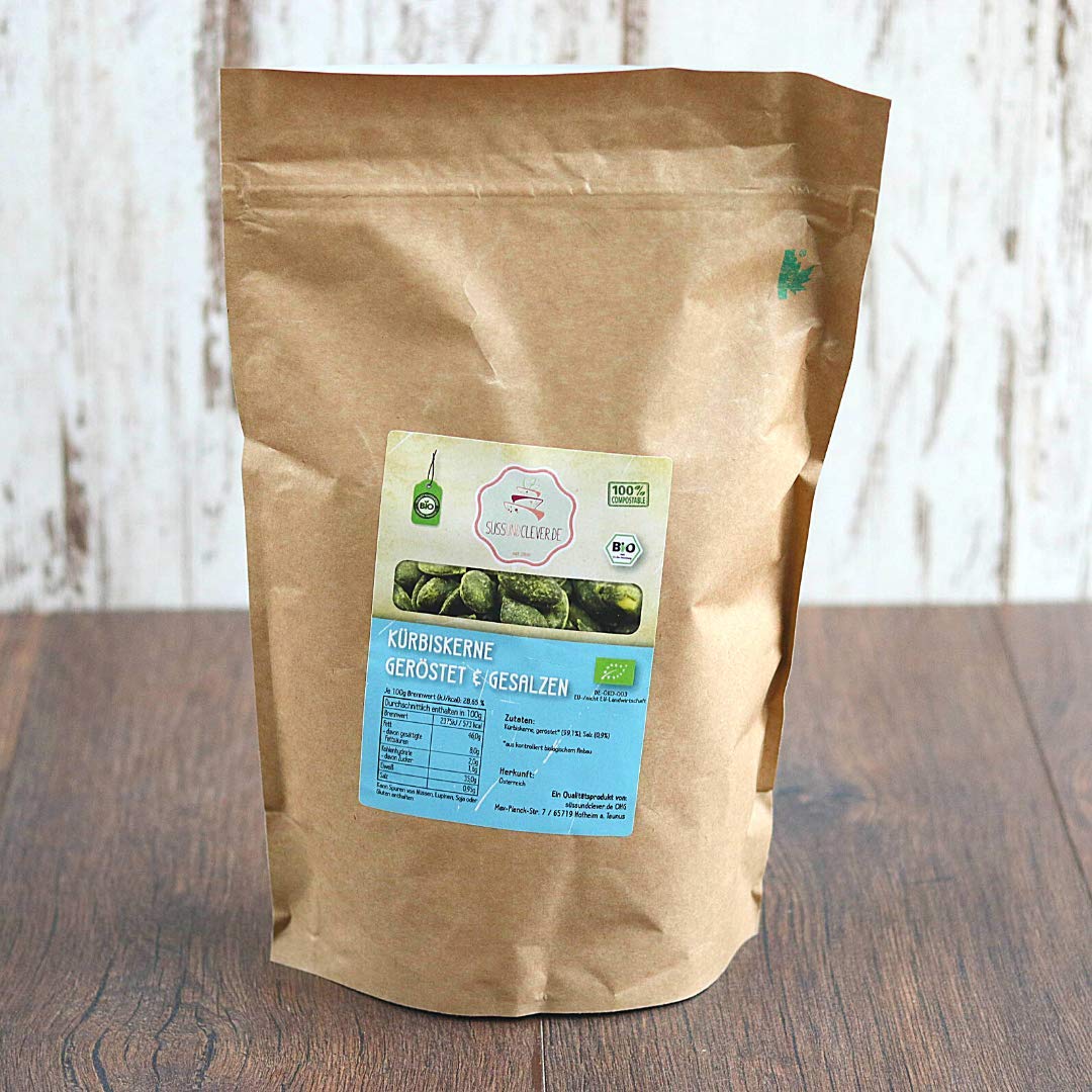 süssundclever.de® Bio Kürbiskerne | geröstet & gesalzen | aus Österreich | 1,0 kg | plastikfrei und ökologisch-nachhaltig abgepackt