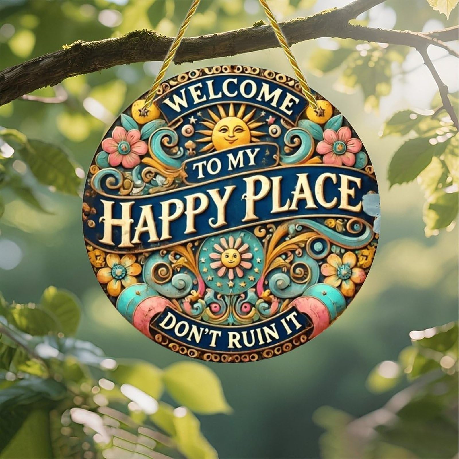 Colorful Acrylic Suncatcher, My Happy Place 7-inch Hanging Window Wall Art Decor with Printed Stained Glass Style Design, Gift Idea & Garden Ornament Indoor Outdoor Use
