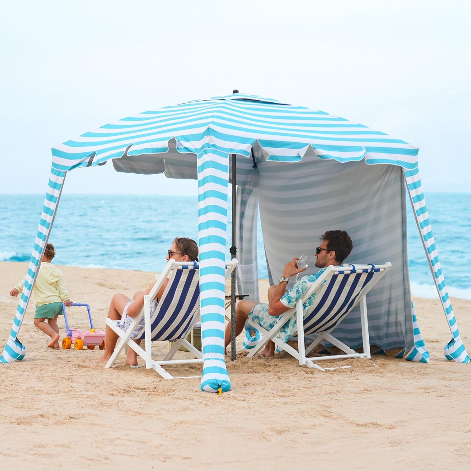 Beach Cabana - 6FT Beach Umbrella with UPF 100+ UV Protection & Sunshade Curtain - Waterproof Tent - Portable Shade, Easy to Set Up, Perfect for Family & Friends (Aqua Stripe)
