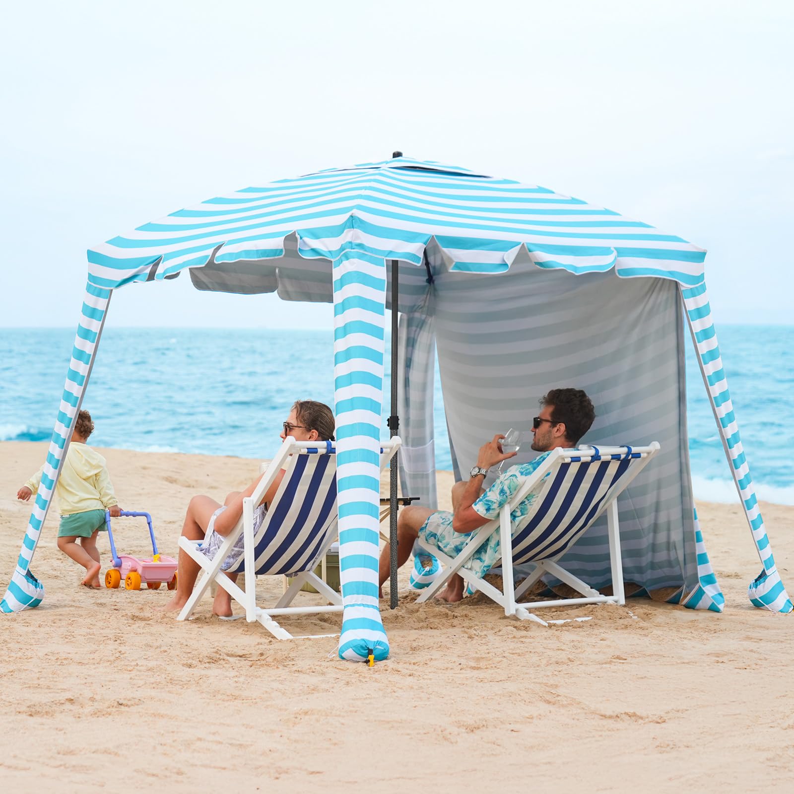 Beach Cabana - 6FT Beach Umbrella with UPF 100+ UV Protection & Sunshade Curtain - Waterproof Tent - Portable Shade, Easy to Set Up, Perfect for Family & Friends (Aqua Stripe)