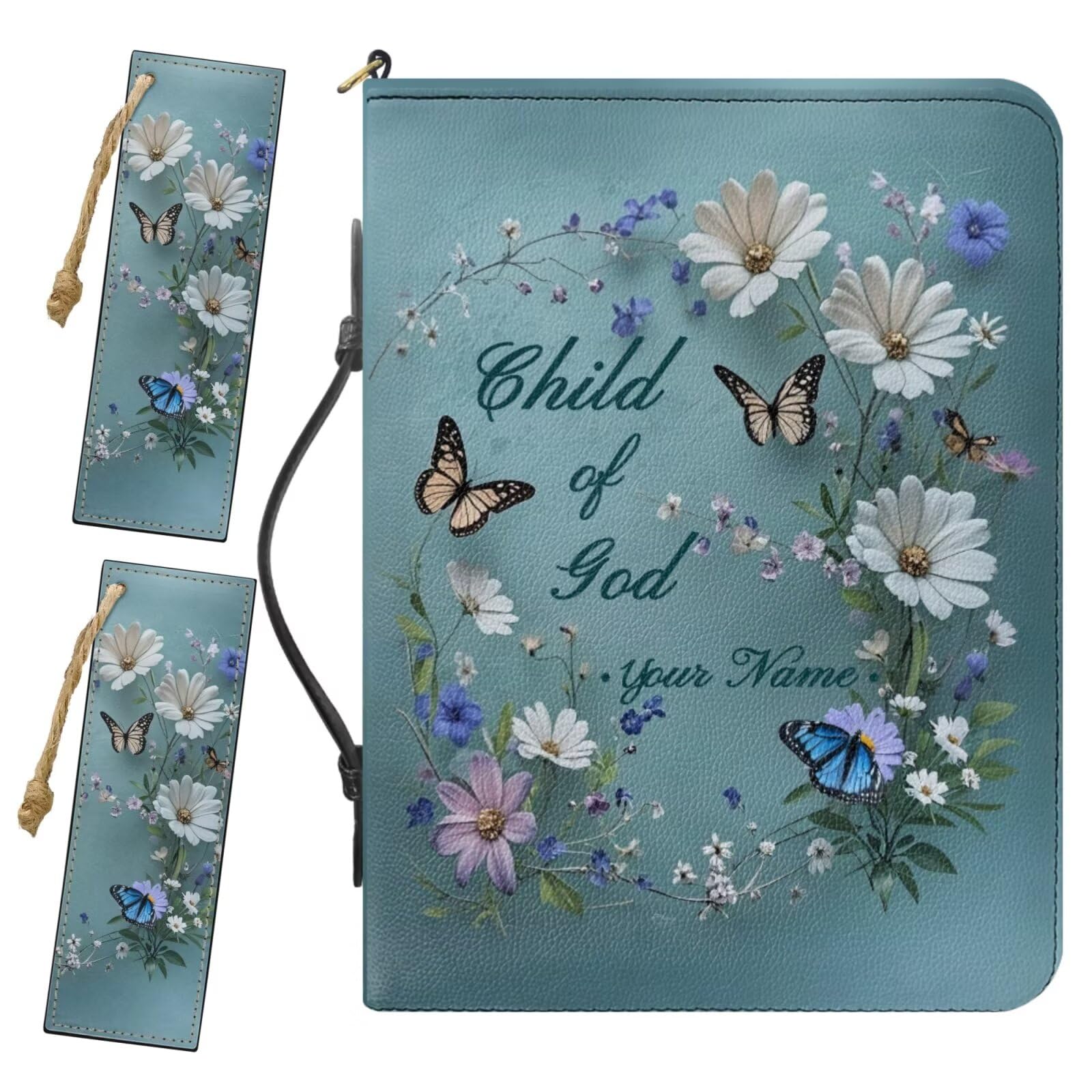 Buxolandt 2026 Custom Name Bible Covers for Hardcover, Comes with 2 Leather Bookmarks Built-in Pocket Pen Slots, Blue Bible Covers for Teen Girls, Daisy Butterfly Print Young Ladies Book Cover Case