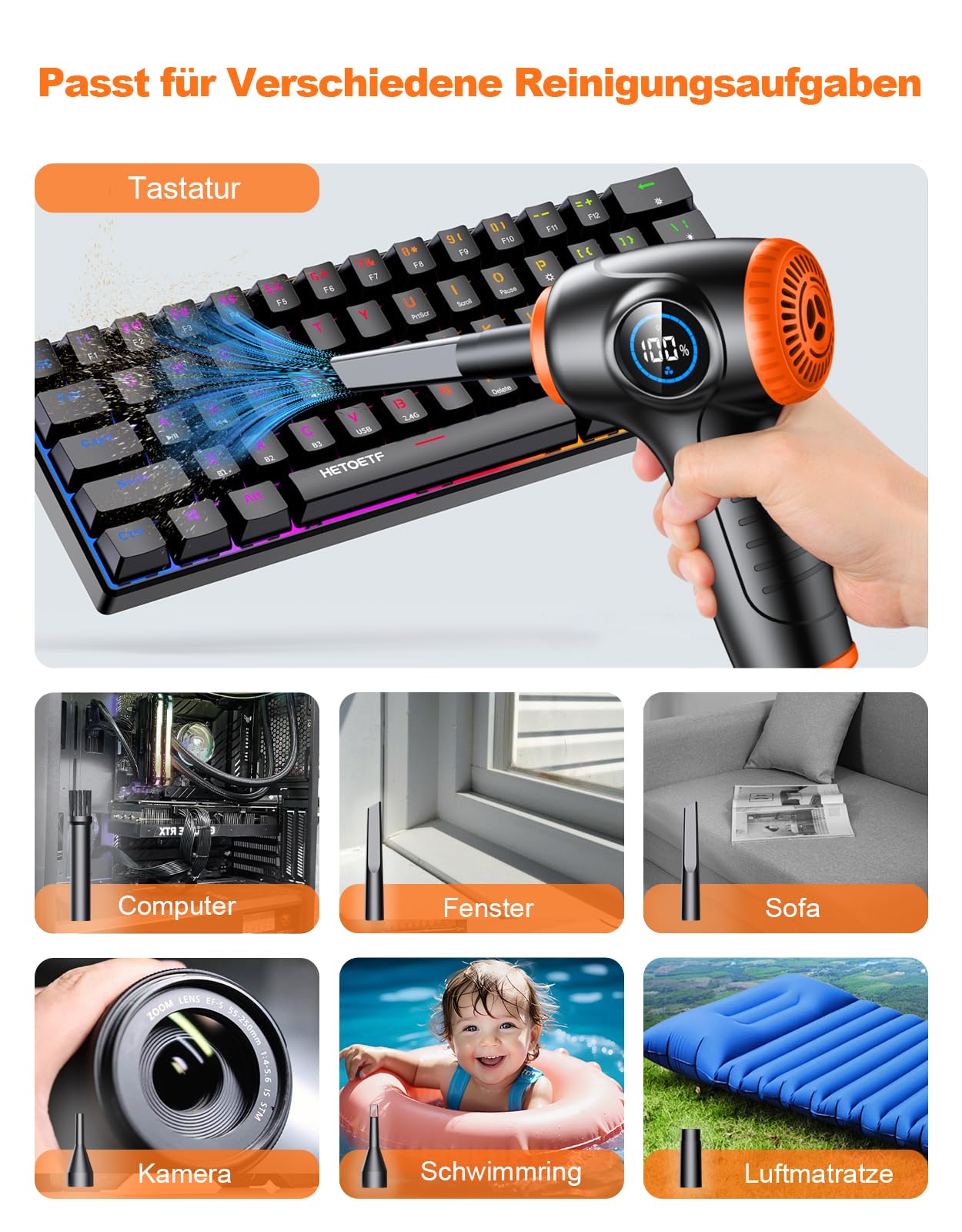 EOIWUY Elektrische Staubgebläse Druckluftspray, 3-Gang 90000 U/min PC Reinigungsset mit LED-Licht, Leistungsanzeige und 5 Austauschbare Düsen, 6000mAh Akku Air Duster für Reinigung Tastatur/Auto/Sofa