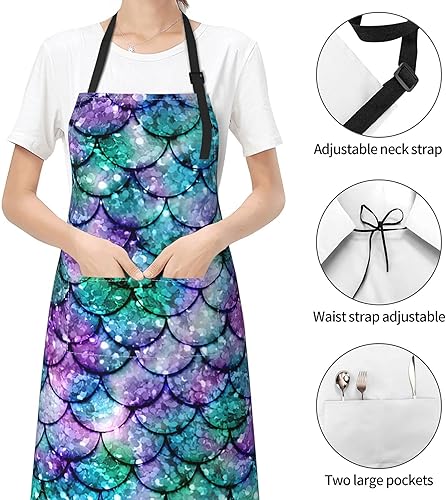 Miniatura 3 de Delantal impermeable con escamas de sirena con purpurina con 2 bolsillos, babero de chef de cocina para hombres y mujeres para cocinar barbacoa
