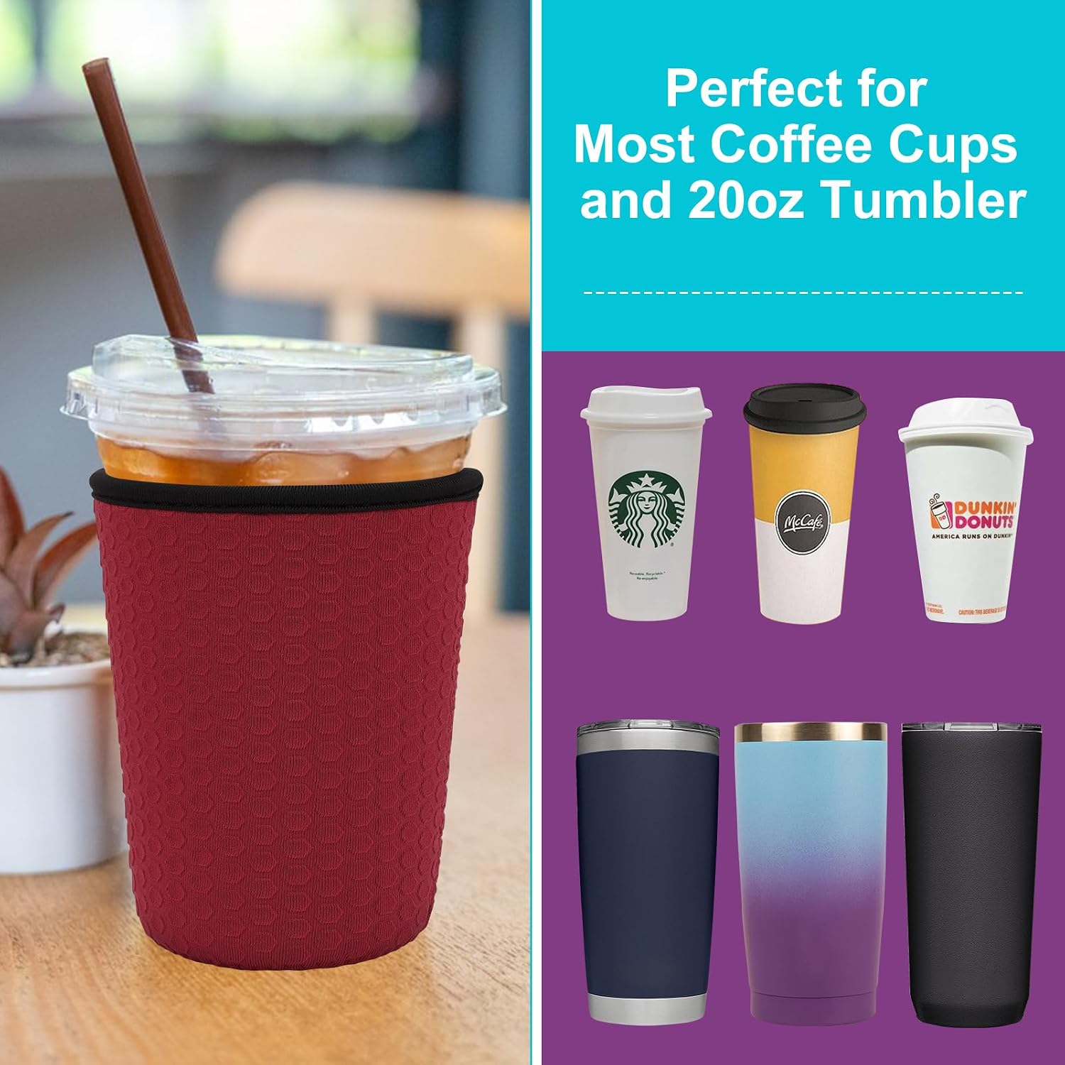 3 Pack Reusable Iced Coffee Protective Sleeves Cup Insulator Neoprene Coffee Cup Cooler Sleeves Holders for 16-18oz/ 22-24oz/ 30-32oz Cold Drinks - Cats