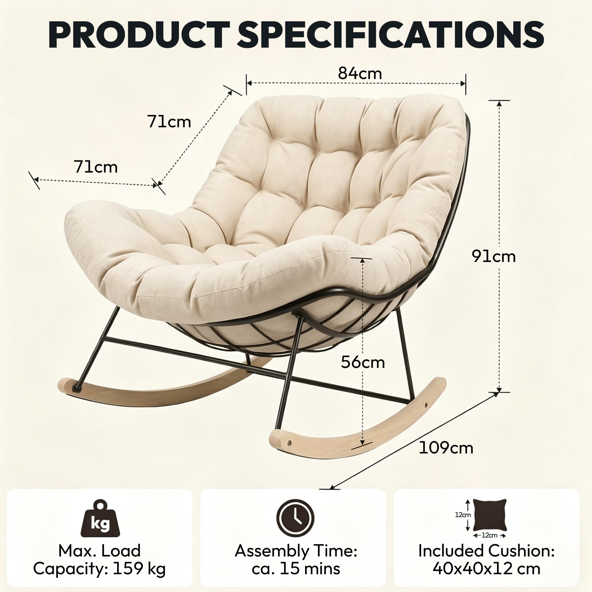 SANODESK Schaukelstuhl für draußen, gemütlicher Loungesessel & Relaxstuhl für Lange Stunden im Freien, mit Kissen, ideal für Balkon, Garten & Terrasse, belastbar bis 159 kg, Beige