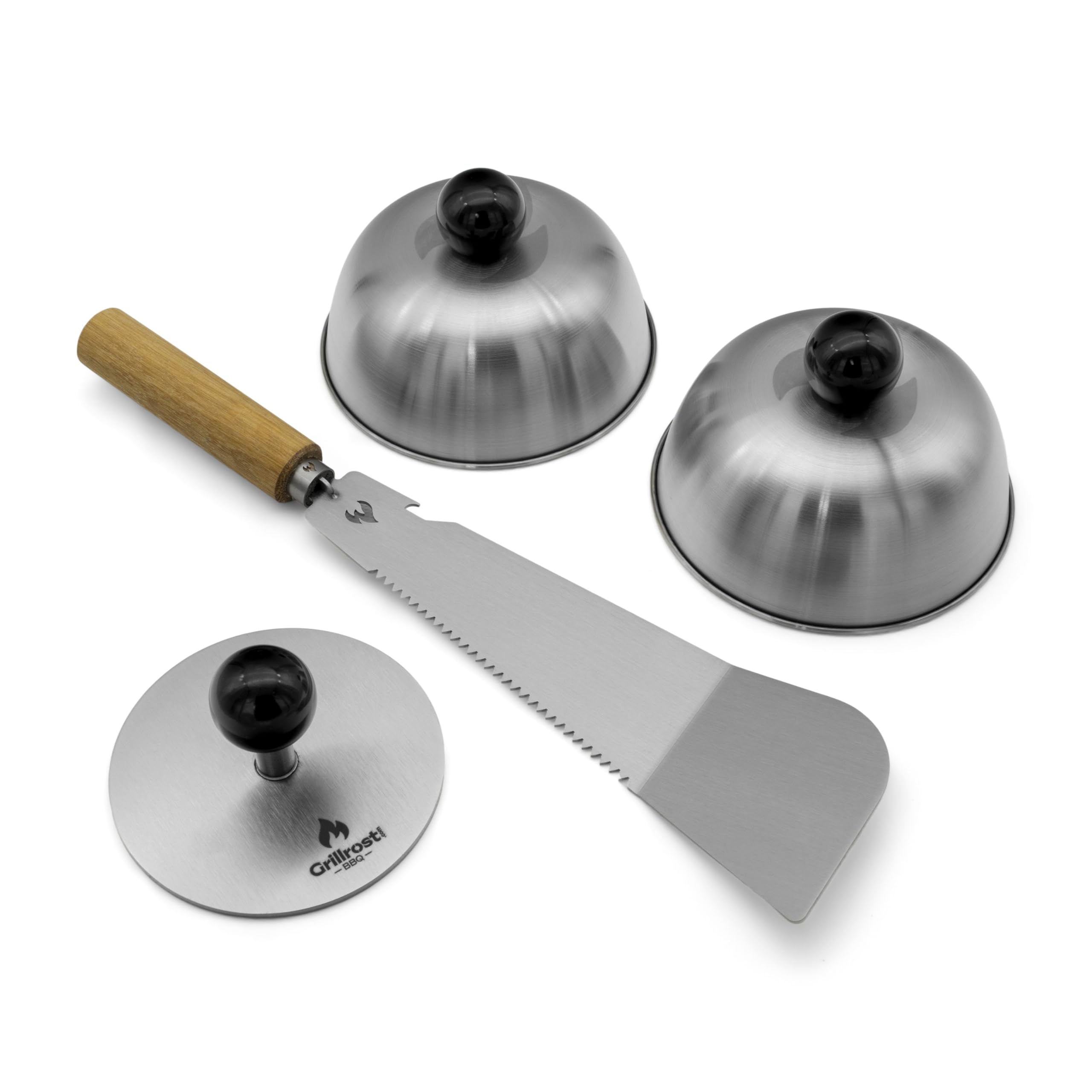 Grillrost.com Das Original Burger Set für perfekte Burger von Feuerplatte und Plancha - 1 Smasher | 1 Grillmachete | 2 Burgerglocken