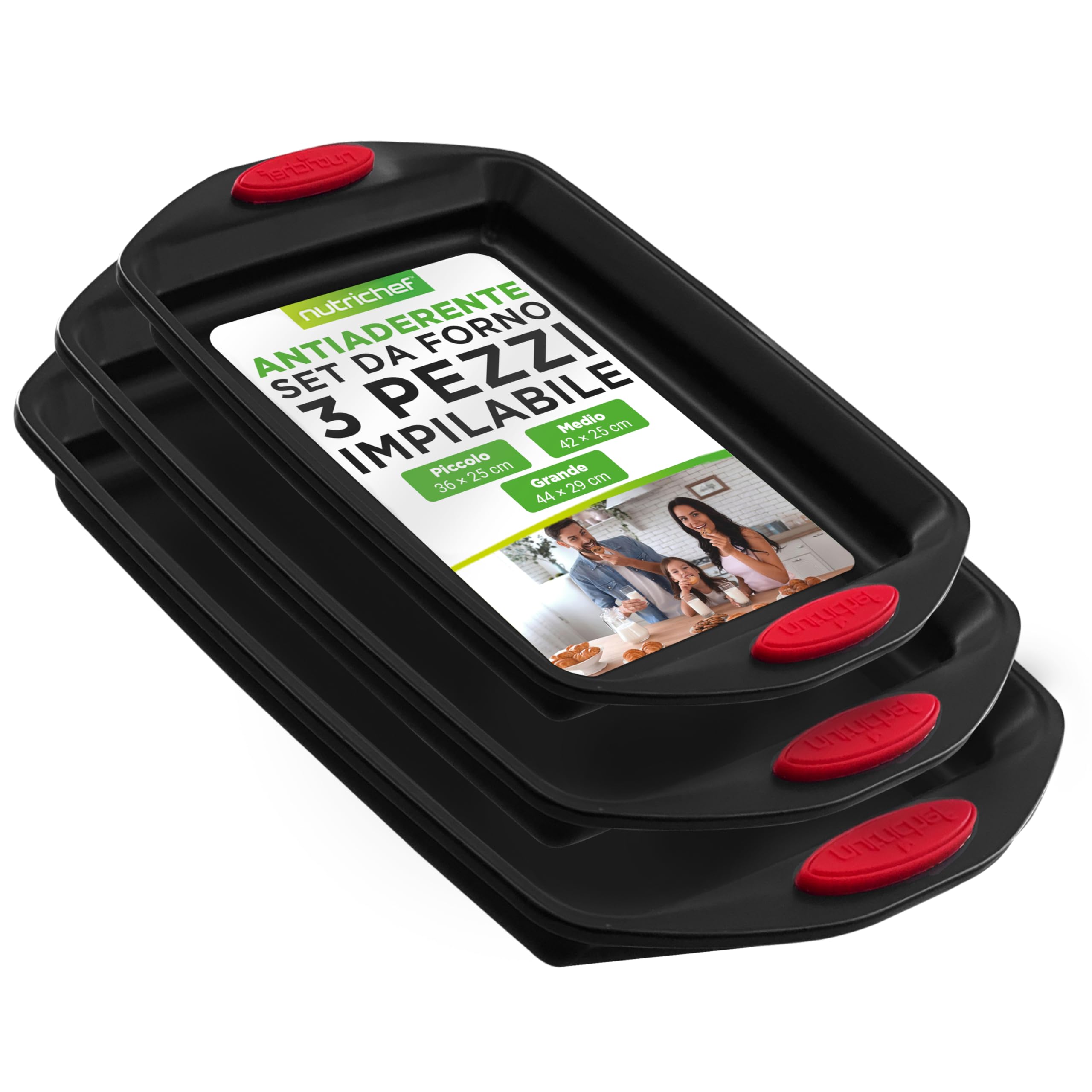 NutriChef Set 3 Teglie Forno In Acciaio Al Carbonio Antiaderente – 43.6x30x1.8 Cm, Manici In Silicone, Adatte A Pizza, Dolci, Biscotti
