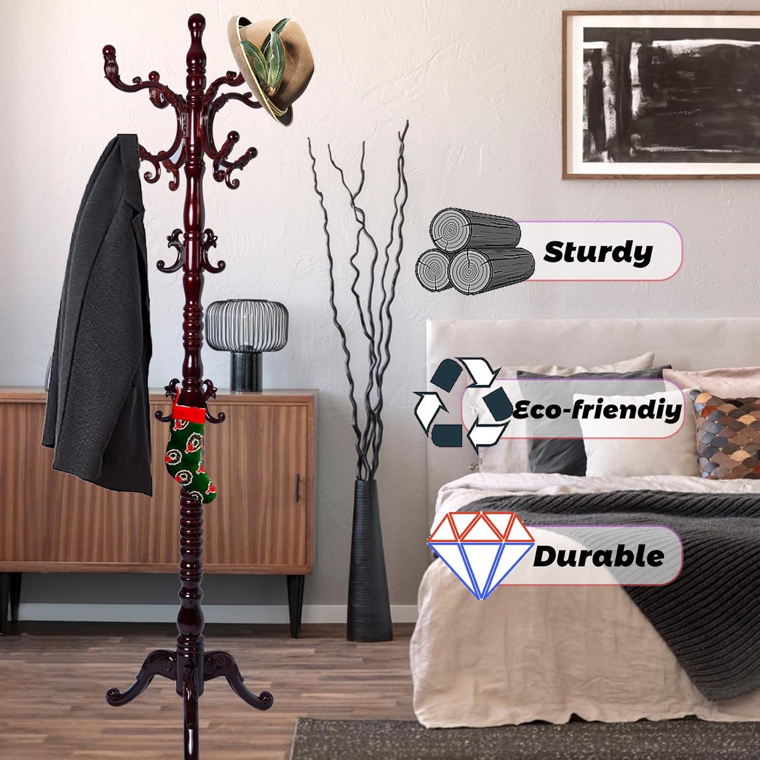 73 in Wood Coat Rack, Coat Rack Freestanding with Stable Round Base, Adjustable Height Tree Coat Racks Stand for Home Bedroom Office Hallway Entryway (Triangle Redwood)