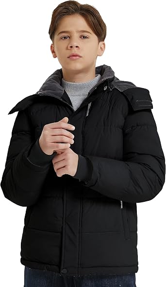 wantdo Boys Puffy Winter Coats Fleece-Lined Snow Jackets Removable Hood