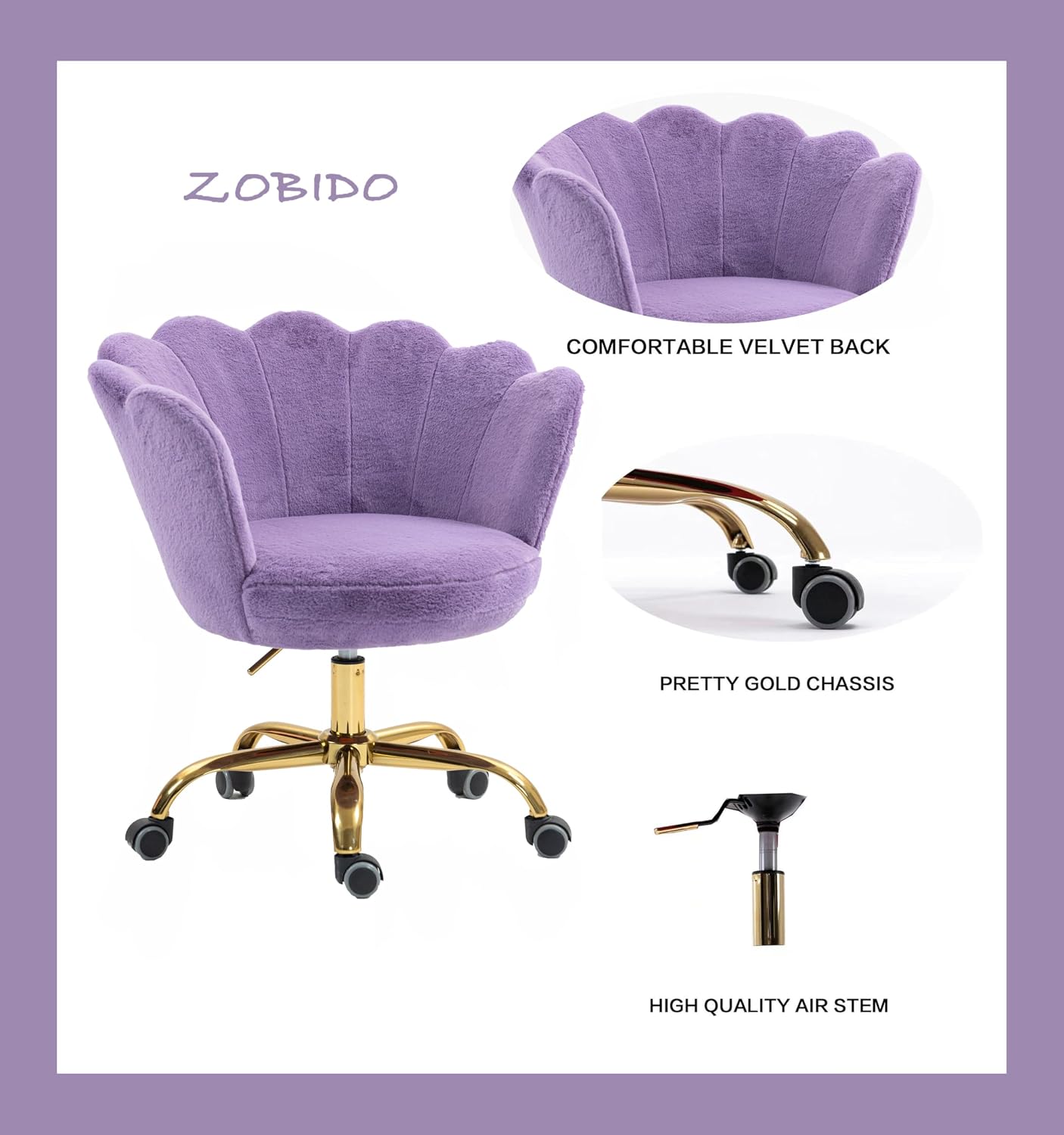 ZOBIDO Comfy Home Office Task Chair with Wheels, Cute Modern Upholstered Velvet Seashell Back Adjustable Swivel Vanity Desk Chair, for Women,for Girls, Living Room, Bedroom(Rabbit Velvet Purple)