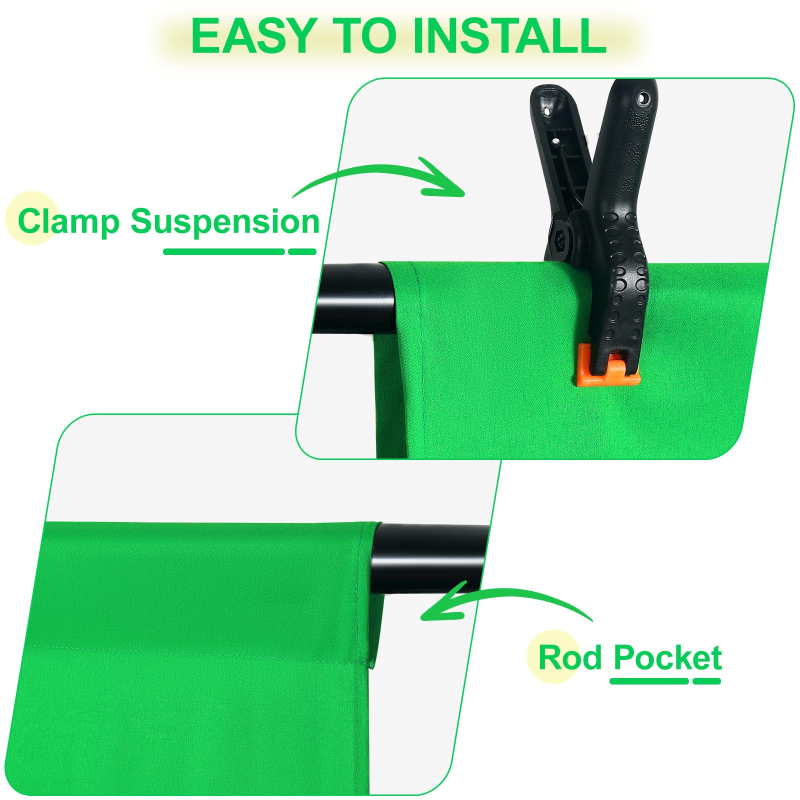 Toile de Fond Vert, 3 m × 3 m Fond Vidéo Vert, Fond d'Écran Vert Renforcée et Épaisse avec 4 Pinces de Fixation pour Photographie, Diffusions en Direct et Enregistrements Télévisés