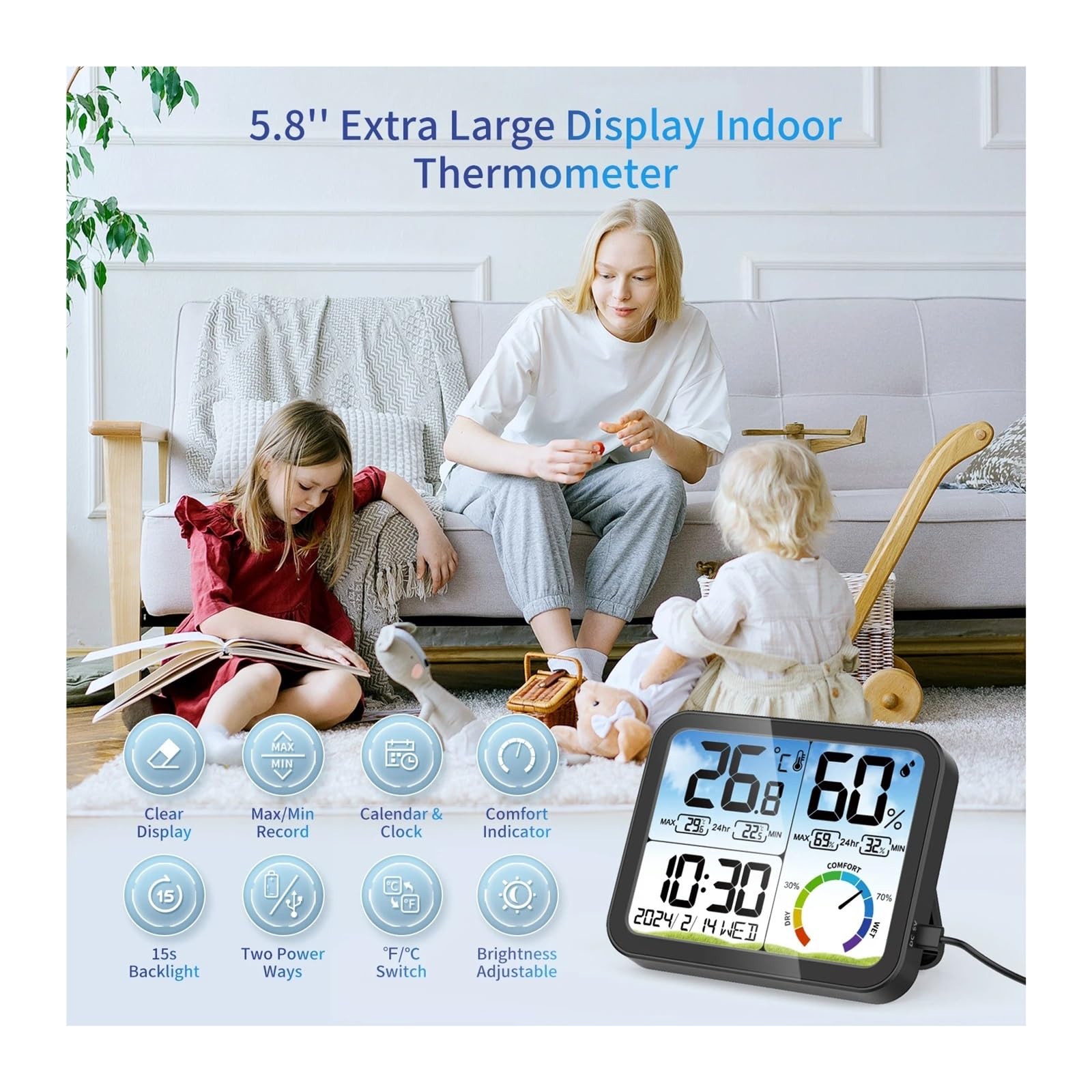Miernik temperatury i wilgotności LCD ze wskaźnikiem temperatury, ładowaniem przez USB, funkcją daty/zegara, termometrem wewnętrznym, stacją pogodową Prognoza pogody
