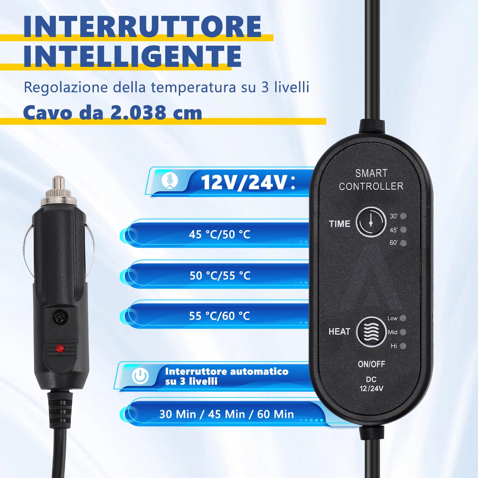 Coperta elettrica per auto, 12 V/24 V, coperta da viaggio con 3 livelli di calore e timer, coperta termica in pile lavabile con cavo lungo 2 m, per auto, camion, viaggi, pause, all'aperto
