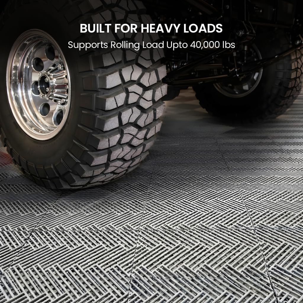 Garage Floor Tiles Interlocking Garage Flooring Tiles Pack of 48 Antislip Oil and Stain Resistant for Garages Shop Floors Basements 40000 LBS Load Capacity (Gray, 12 inch x 12 inch, Drain Tiles)