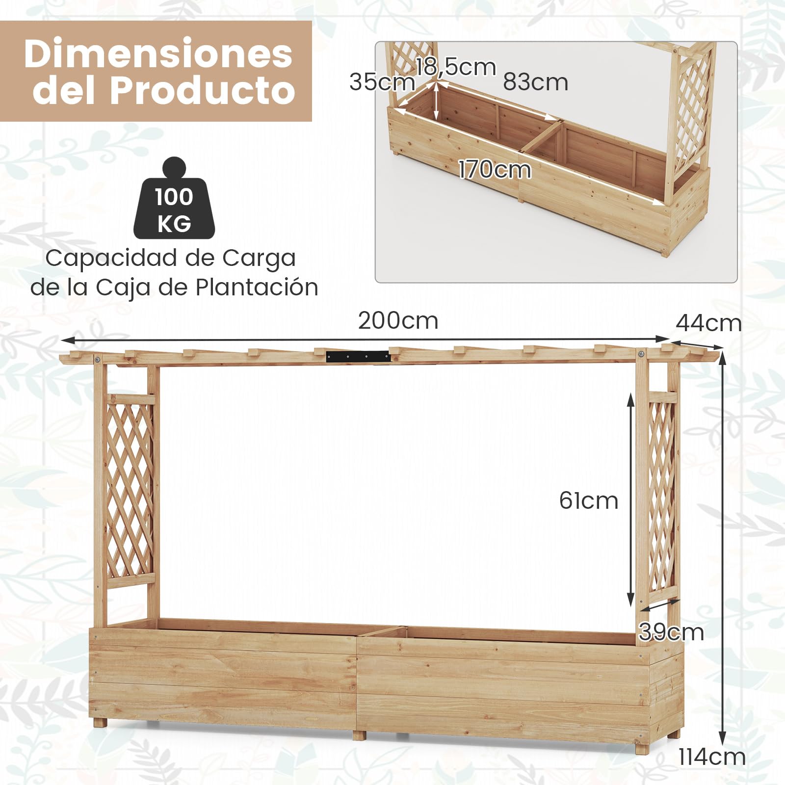 COSTWAY Jardinera Elevado con Enrejado, Techo Colgante, Macetero, Orificios de Drenaje, Contenedor Vertical para Plantas Trepadoras, Macetero de Madera para Jardín Patio (200 x 44 x 114 cm, Natural)