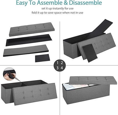 Miniatura 5 de ZenStyle Banco otomano de almacenamiento de 43 pulgadas, reposapiés plegable, asiento acolchado, baúl de almacenamiento largo para zapatos con