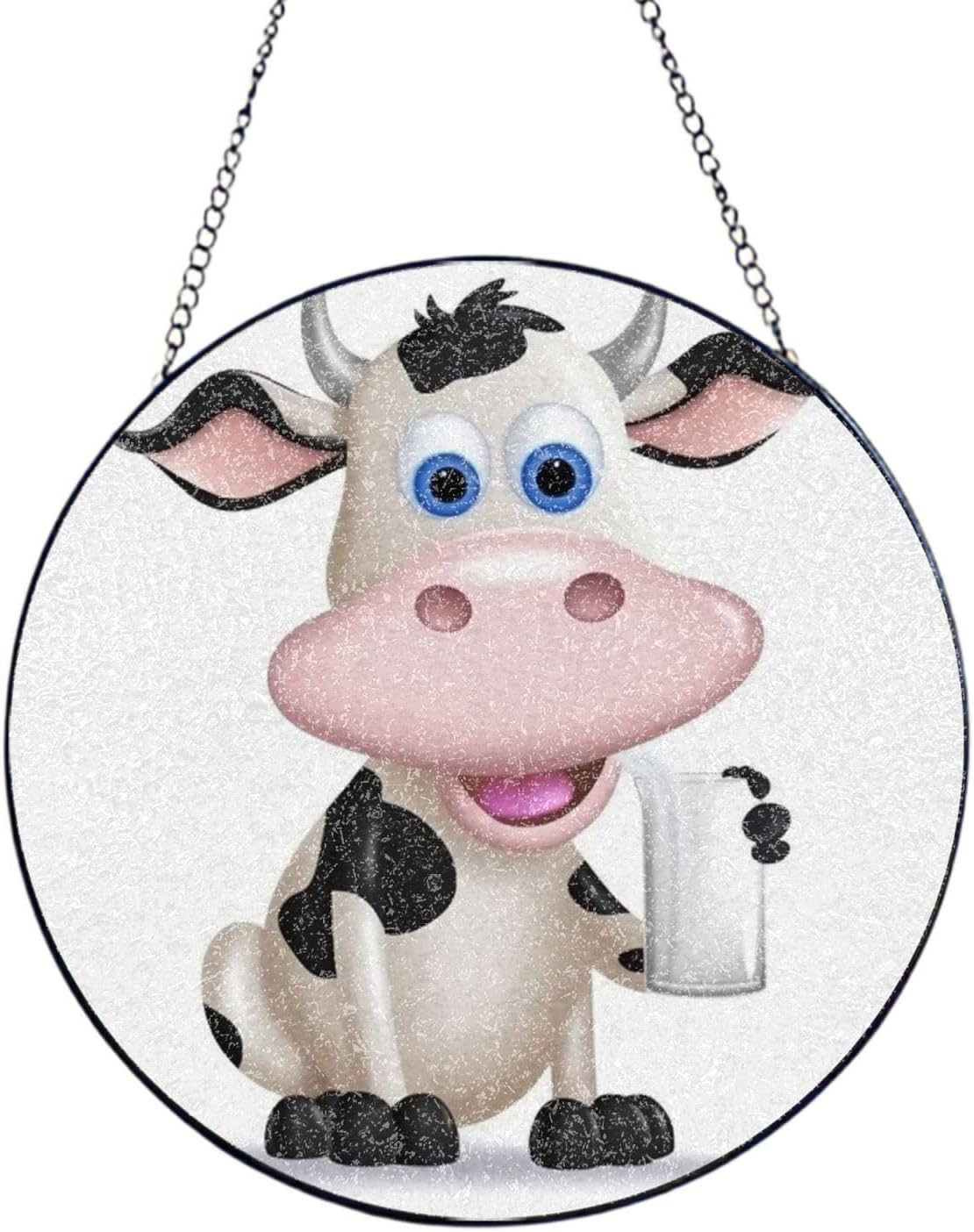 Stained Glass Window Hanging 6in（15cm）, Cartoon Milk Cow Glass Suncatcher for Home Decor, Indoor Wall Art Glass Panel with Metal Chain and Hooks, Sun Catcher Ornament Birthday Gifts