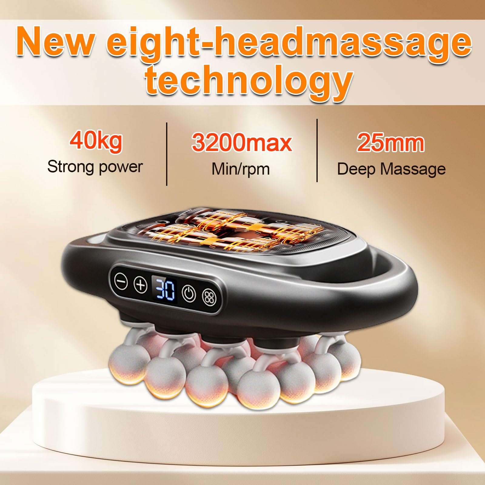 Pistolet de Massage à 16 Têtes, Bekasa Musculaire Massage avec 3 Modes et 30 Vitesses Réglables, Masseur avec Lumière Rouge Pour Soulager Les Douleurs du Dos, Jambes, Bras, Taille, Fesses