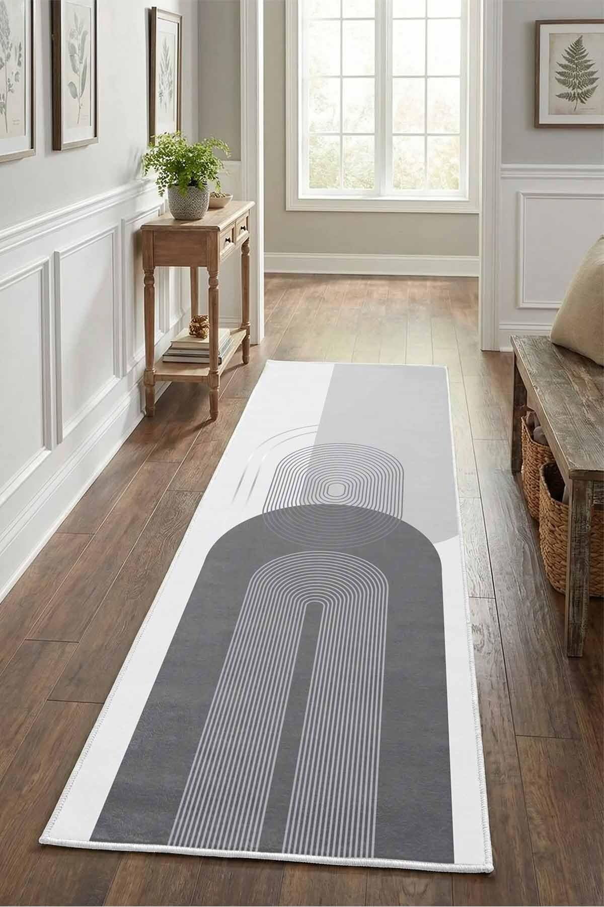 Monnhein Gri Yolluk 1258 - Yıkanabilir, Kaymaz Taban, Dijital Baskılı, Leke Tutmaz, İnce Hav, Modern Koridor, Mutfak, Antre ve Salon için Dekoratif Yolluk
