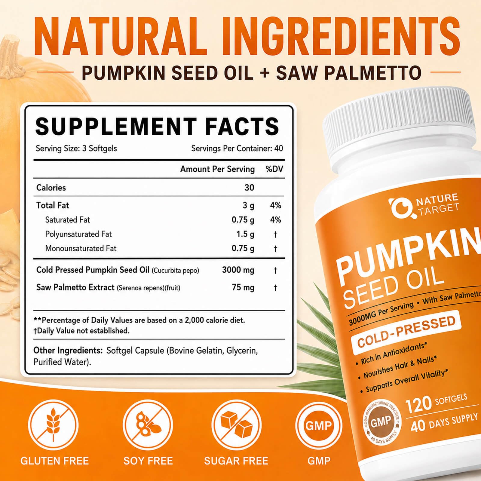 NATURE TARGET Pumpkin Seed Oil, with Saw Palmetto, 3000mg, 120 Softgels — Amazon image 7