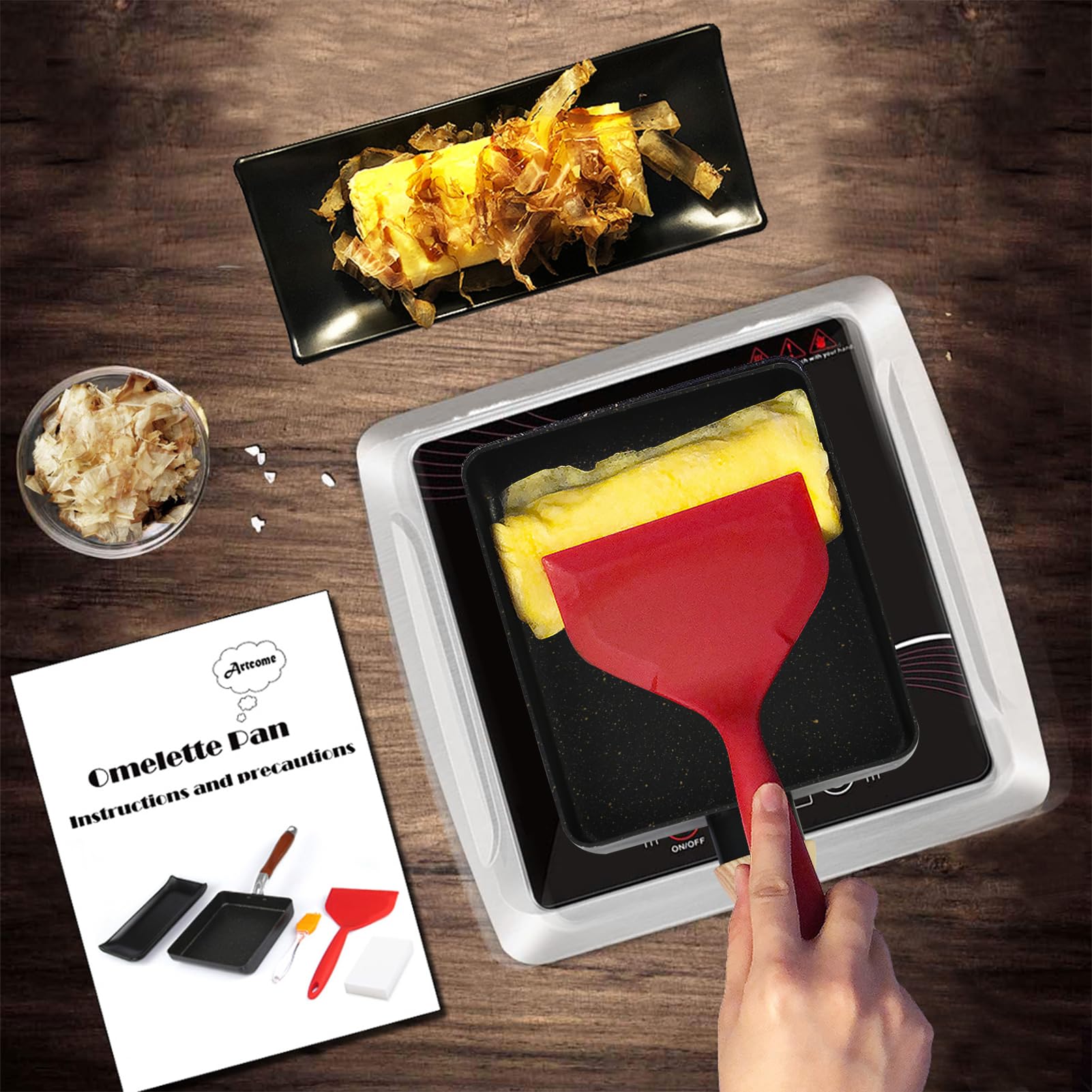 Artcome Poêle à omelette japonaise avec revêtement anti-adhésif Tamagoyaki avec assiette Tamagoyaki, spatule et brosse en silicone, 17,8 x 15,2 cm (noir)