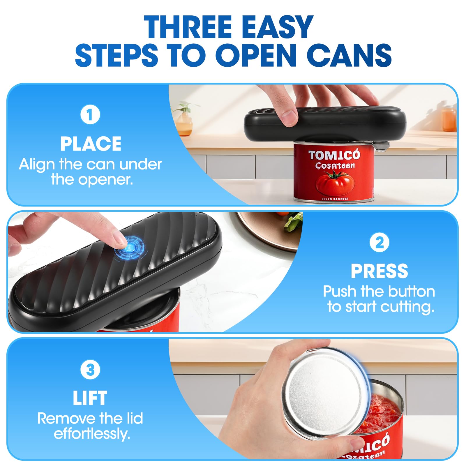 Electric Can Opener for Seniors - Rechargeable Hand Held Automatic Kitchen Can Opener with Smooth Edge, One Touch, Easy to Use, Safe & Hands Free Operation for Elderly, Arthritis Users, Black