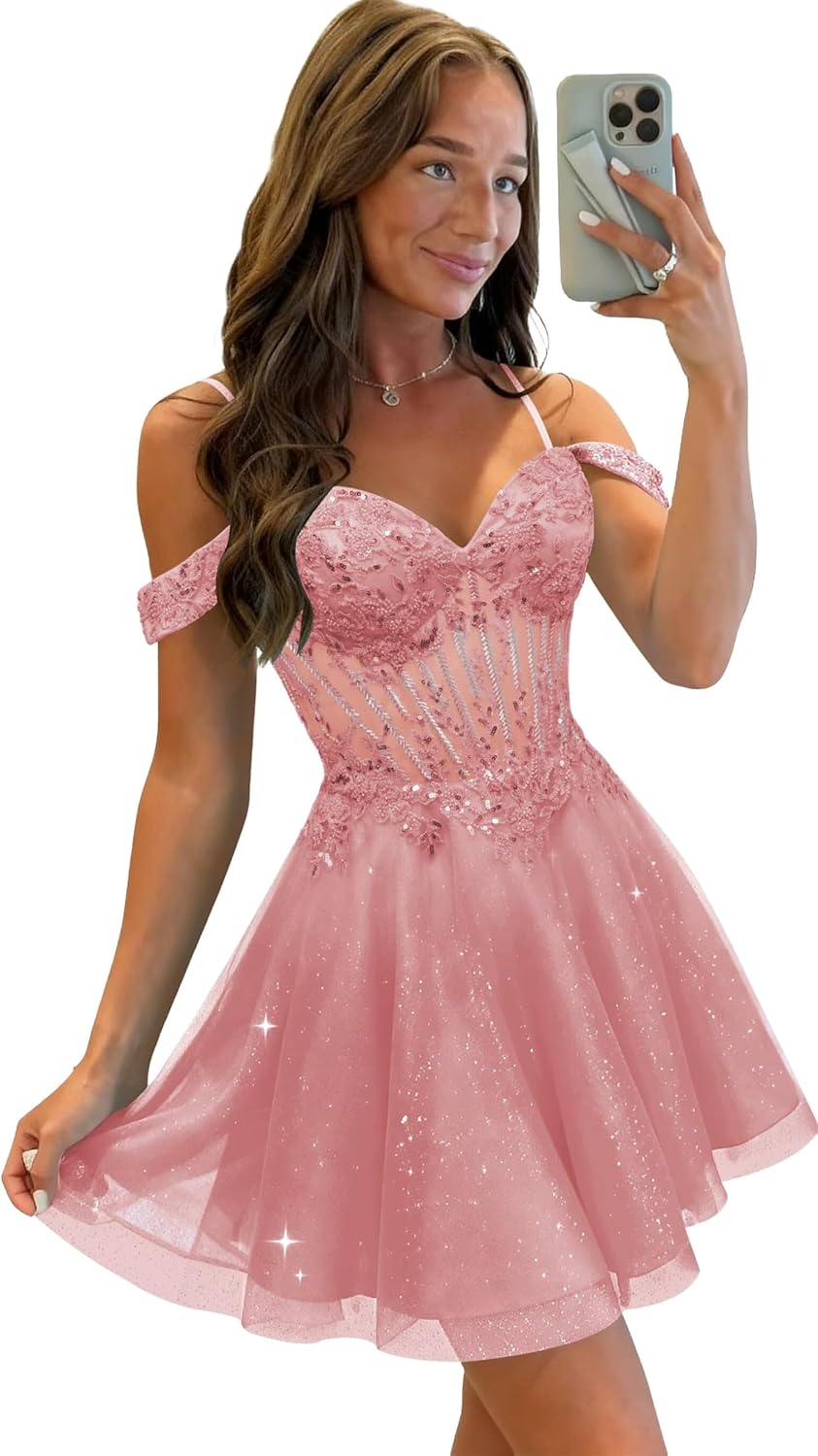 Raseal Off The Shoulder Short Homecoming Dresses for Teens Sparkly Beads Tulle Cocktail Dresses 2025 RS210