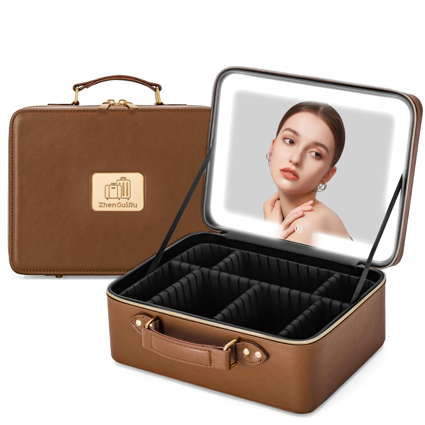 Gdsshuhung Makeup Bag with LDE Mirror- Portable Cosmetic Organizer for Travel Large Capacity Cosmetic Bag Storage Box (Brown)