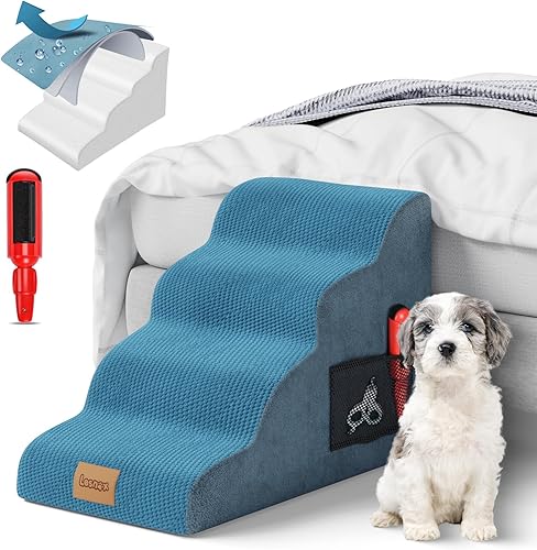 Lesnox Escaleras para perros, 4 niveles para cama alta con funda impermeable, peldaños de espuma de alta densidad para perros pequeños con lesiones,
