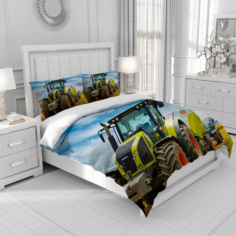 Set di biancheria da letto 3D con trattore 135 x 200 cm, copripiumino con motivo trattore per bambini ragazzi, morbido e comodo in microfibra, set da 3 pezzi con chiusura a zip