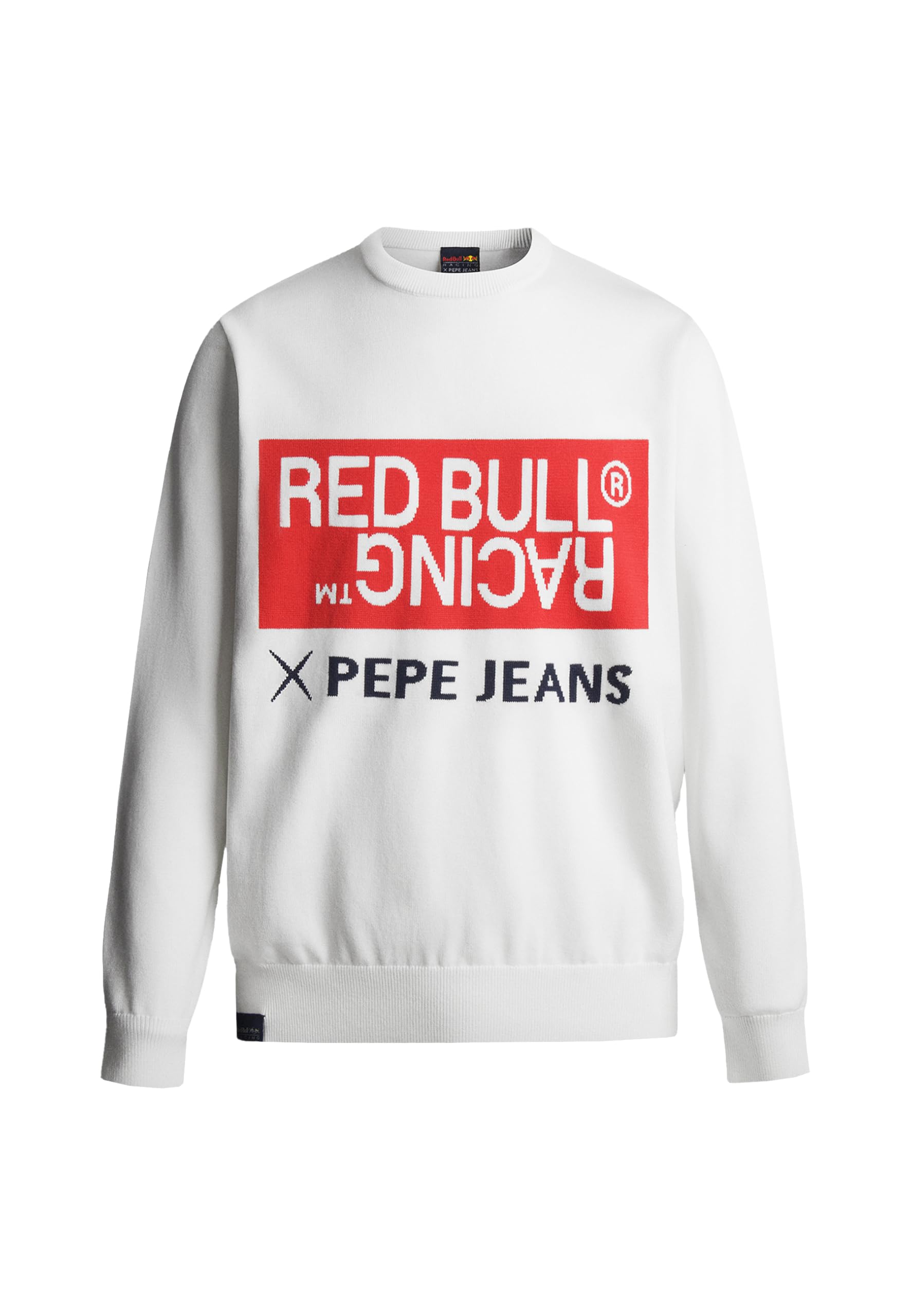 Pepe Jeans Men's White (Off White) Red Bull Racing X Rbr Intarsia Logo Knit Crew Neck Knitwear, L