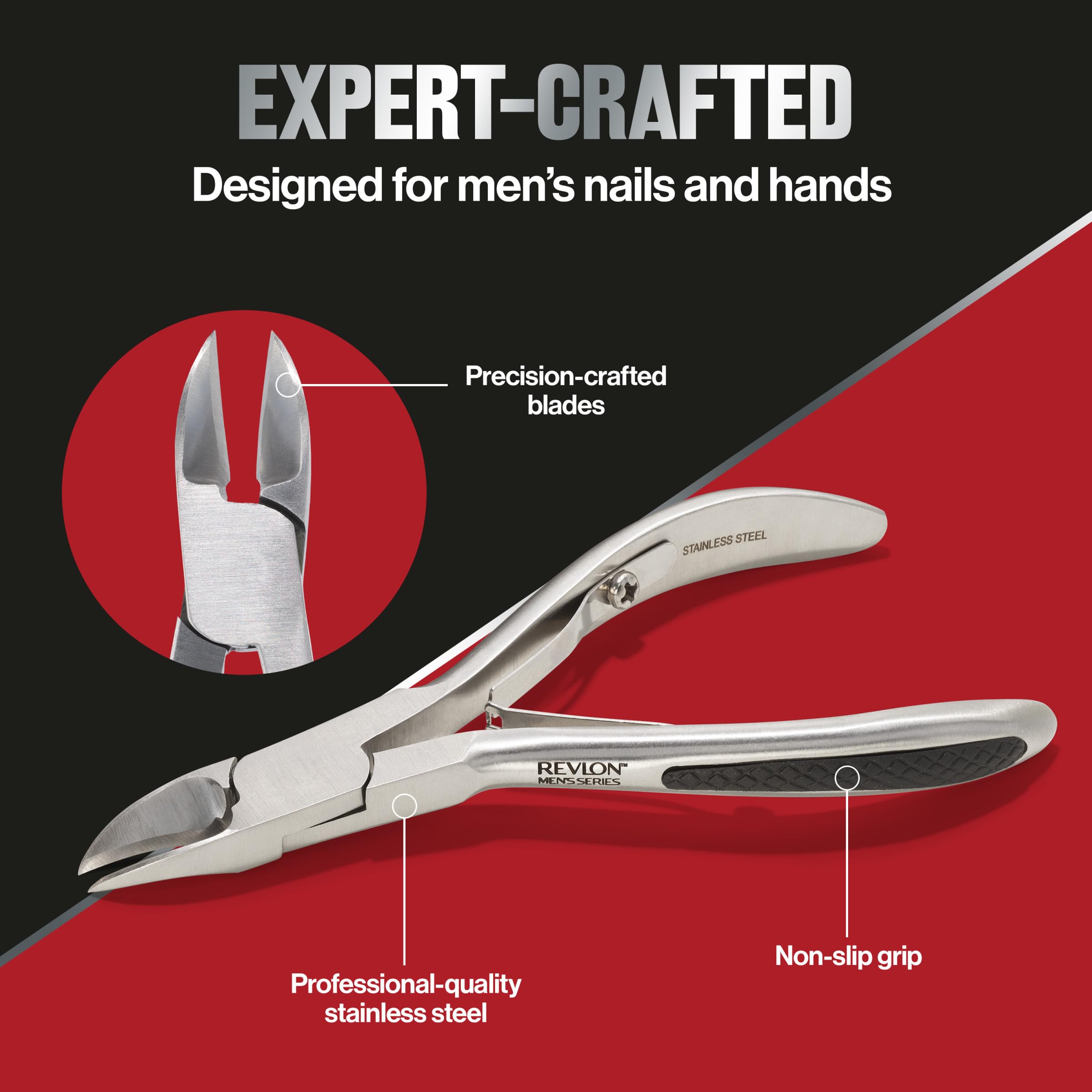 Revlon Tagliaunghie da uomo, durevole per tagliare unghie e piedi resistenti, impugnatura ergonomica antiscivolo, in acciaio inox, 1 pezzo