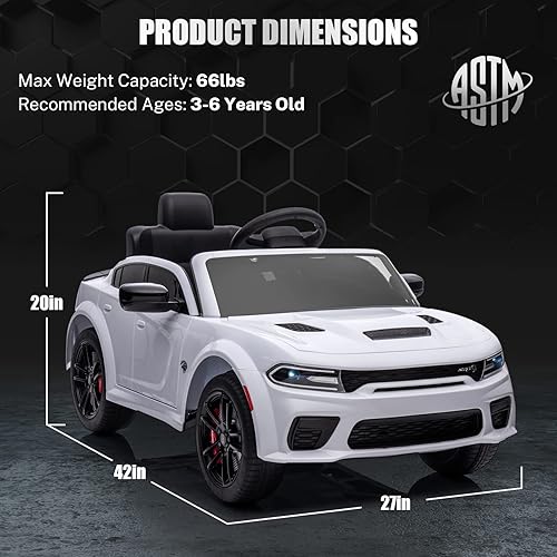 Miniatura 7 de ENYOPRO Auto eléctrico de 12 V y 7 Ah para niños, Dodge Charger SRT Hellcat, vehículo eléctrico de juguete de 4 ruedas alimentado por batería para