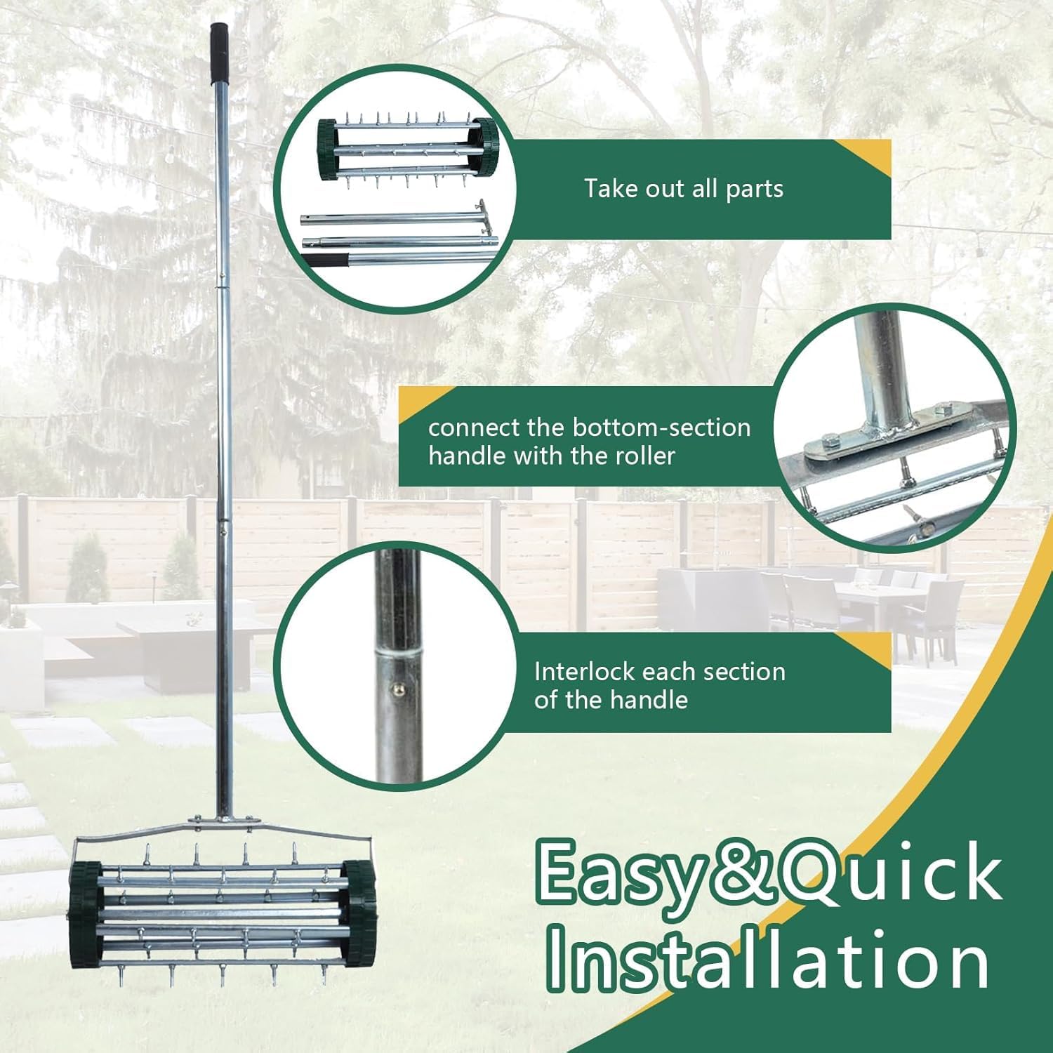 Heavy Duty Rolling Lawn Aerator - 3-Piece Steel Handle Push Spike Aerator for Garden & Yard, 57-Inch Manual Soil Aeration Tool for Grass Maintenance, Compacted Lawn Care