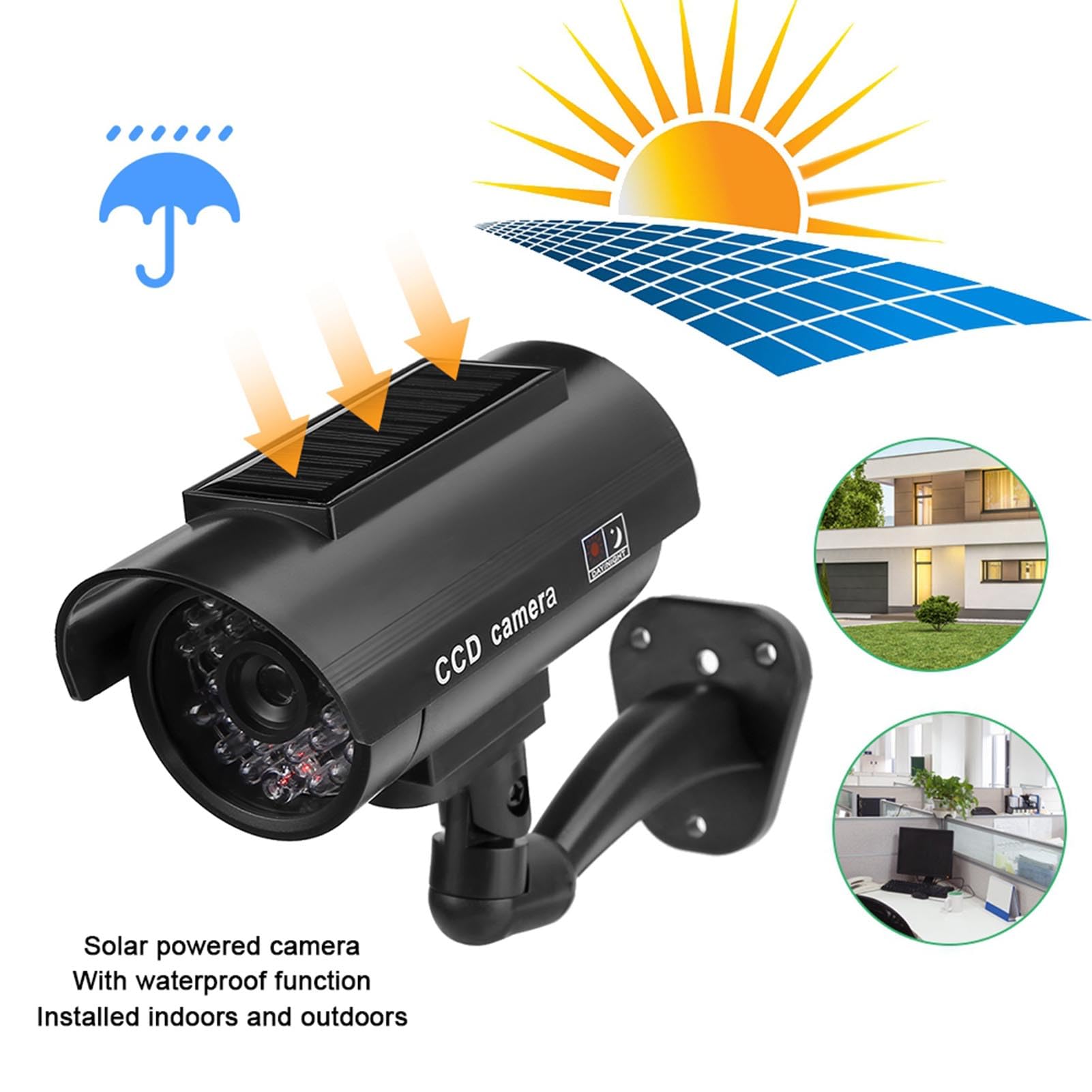 Cámara falsa, cámara solar simulada, cámara de seguridad ficticia, luz LED intermitente y pegatina de advertencia de seguridad para interiores y exteriores