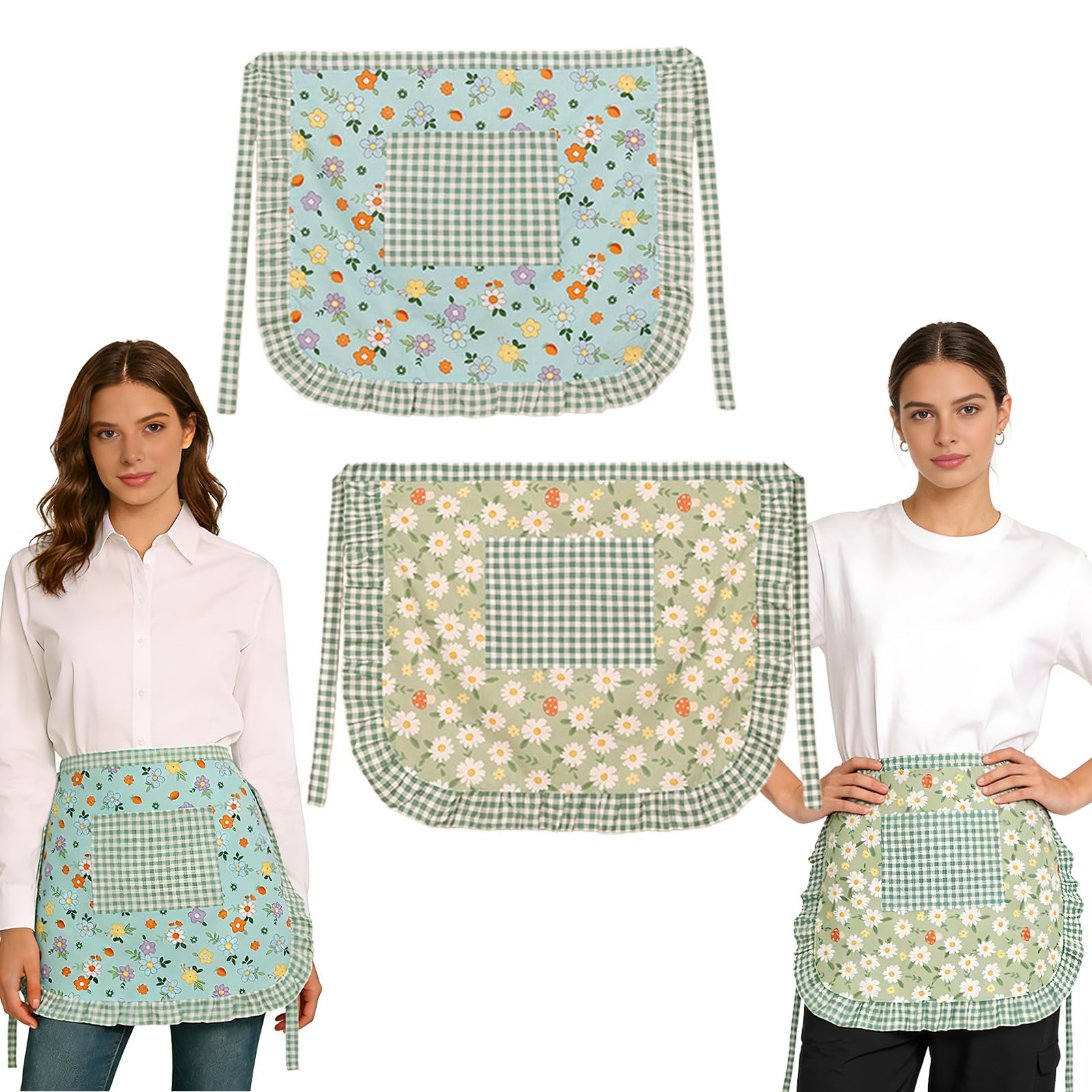 JYJLLM 2PCS Floral Half Apron Set 67x55cm, Green & Blue Flower Print Waist Apron for Women Kitchen Cooking Gardening BBQ with Pockets Adjustable Tie