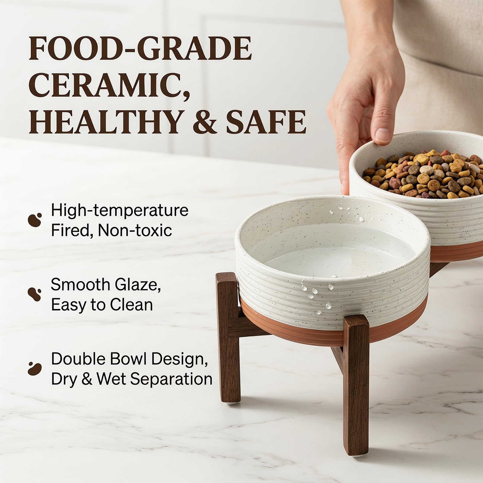 Gamelle surélevée en céramique pour chien avec support en bois d'acacia, diamètre 15,5 cm, 2 hauteurs, double gamelle en céramique pour chat et chien