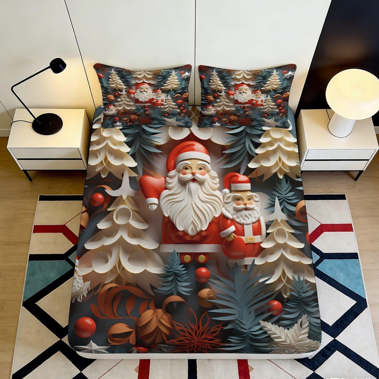 3D Printed Xmas Tree Santa Fitted Sheet Microfiber Deep Pocket Non-Slip Christmas Mattress Fitted Cover Bedroom Bedding 180x200x25cm