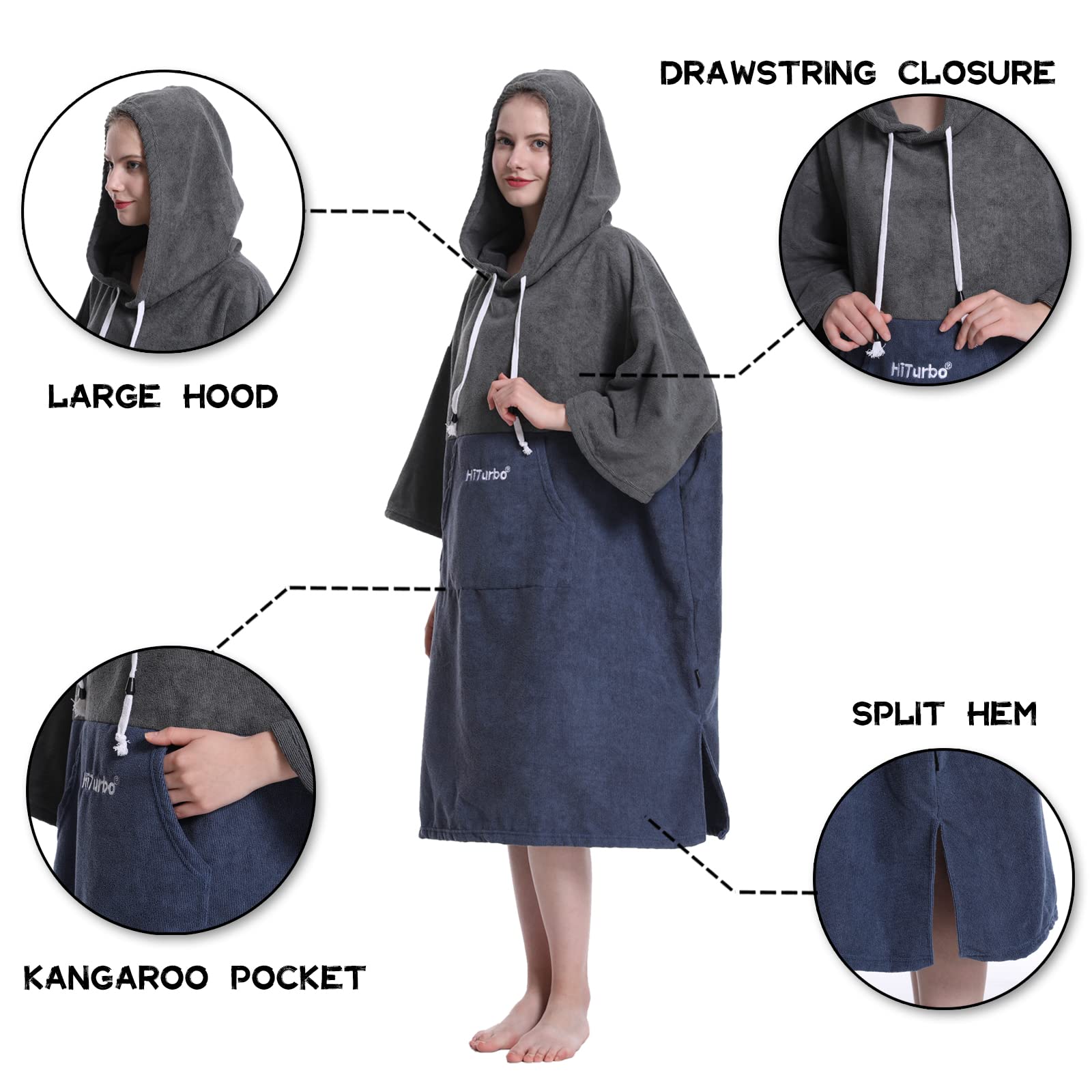 Hiturbo Bata cambiadora, poncho toalla de baño con capucha para playa, natación, surf, Gris y azul marino, 43.3 x 33.5 inch