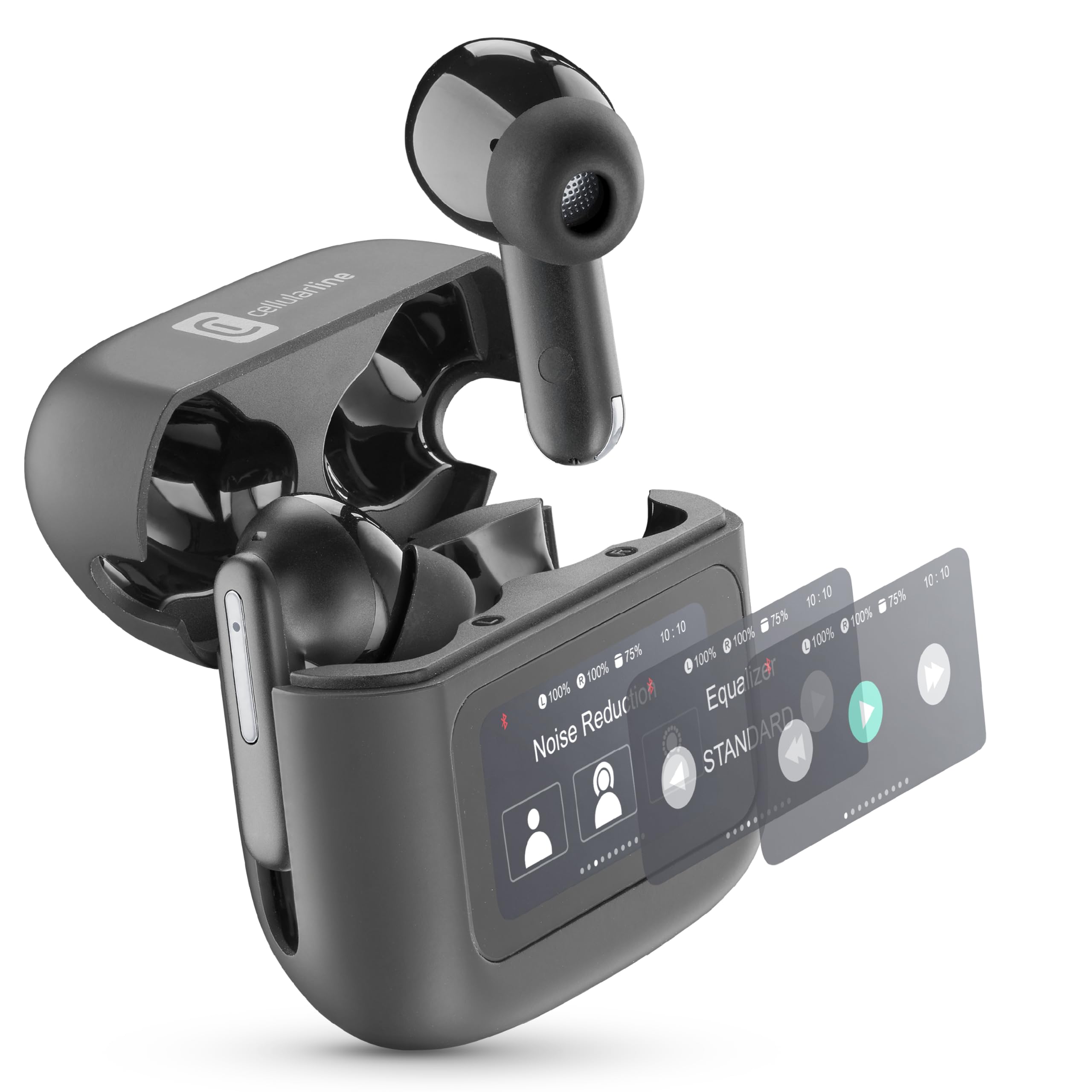 cellularline HUSH Auricolari Bluetooth In-Ear con Display Touch, Active Noise Cancelling, Noise-Free Calls, 5 EQ, Autopairing, 42h Play Time, Chiusura Magnetica per Ricarica