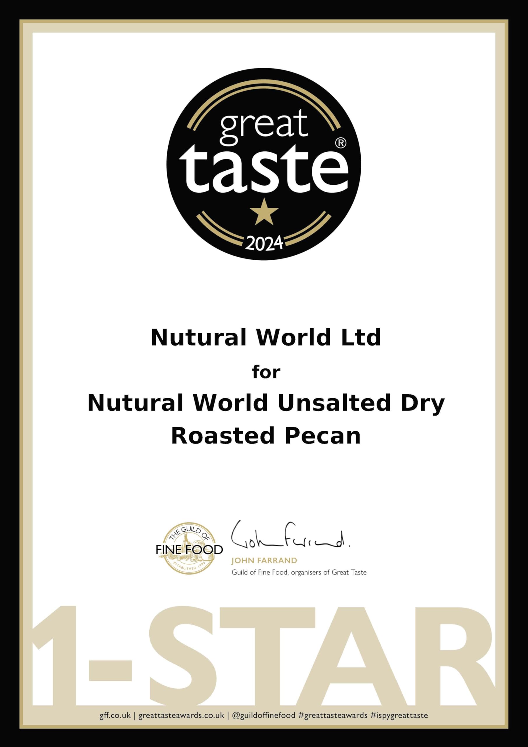 Nutural World - Noci pecan tostate a secco - Non salate (500g) - Vincitore del Great Taste Awards