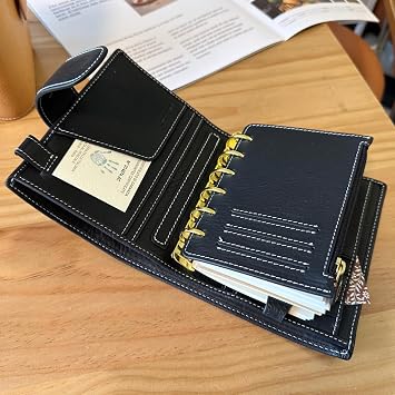 A7 Organizer Minerva Box Genuine Leather Journal Notebook,Stalogy Rings Planner Pocket size Notebook with 25MM Binder Mini Agenda Diary (Black)