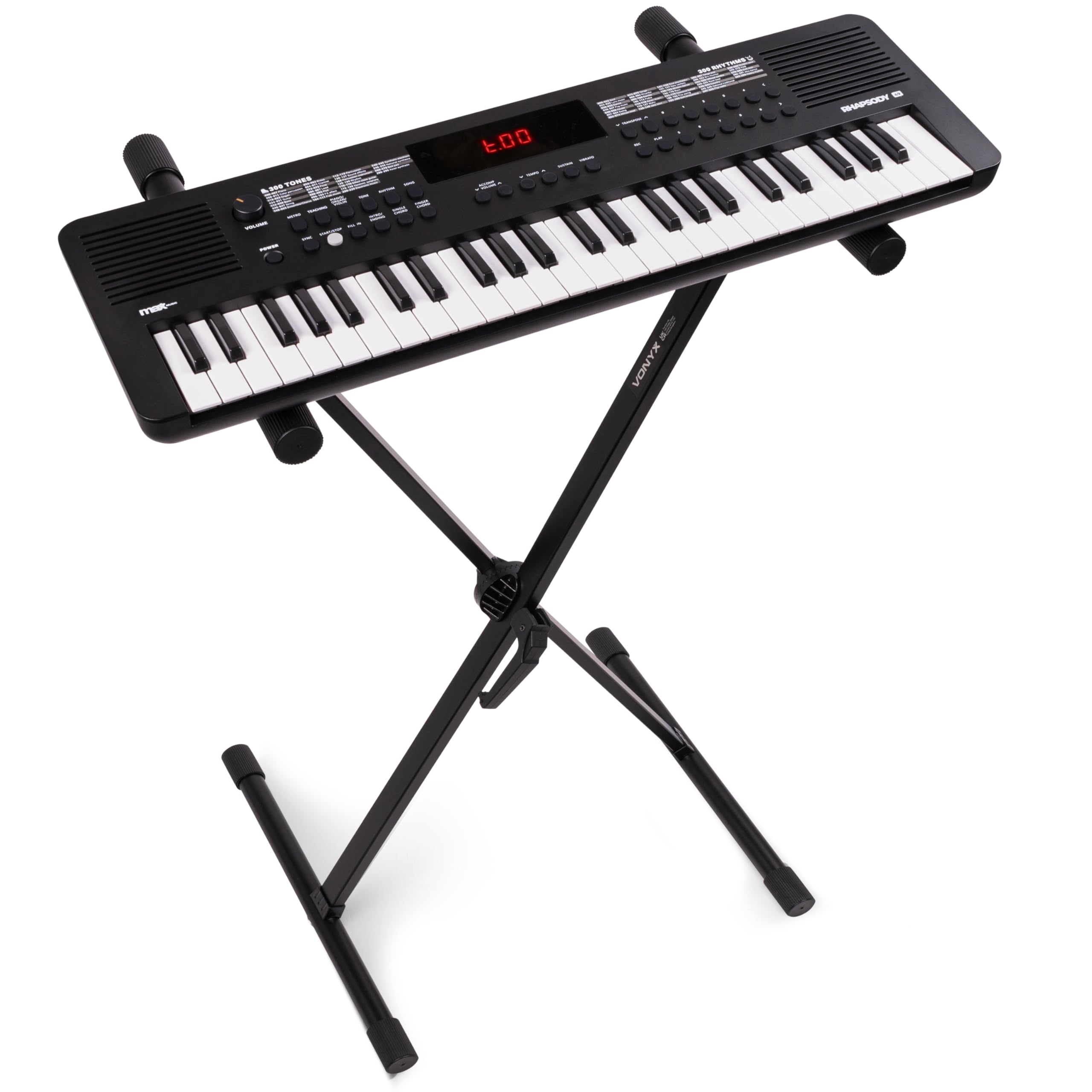 MAX Rhapsody49 - Piano eléctrico de 49 teclas para principiantes con función de aprendizaje, con 300 sonidos, altavoces, pantalla LED, 80 canciones de demo, teclado de piano, USB-C, Midi y soporte