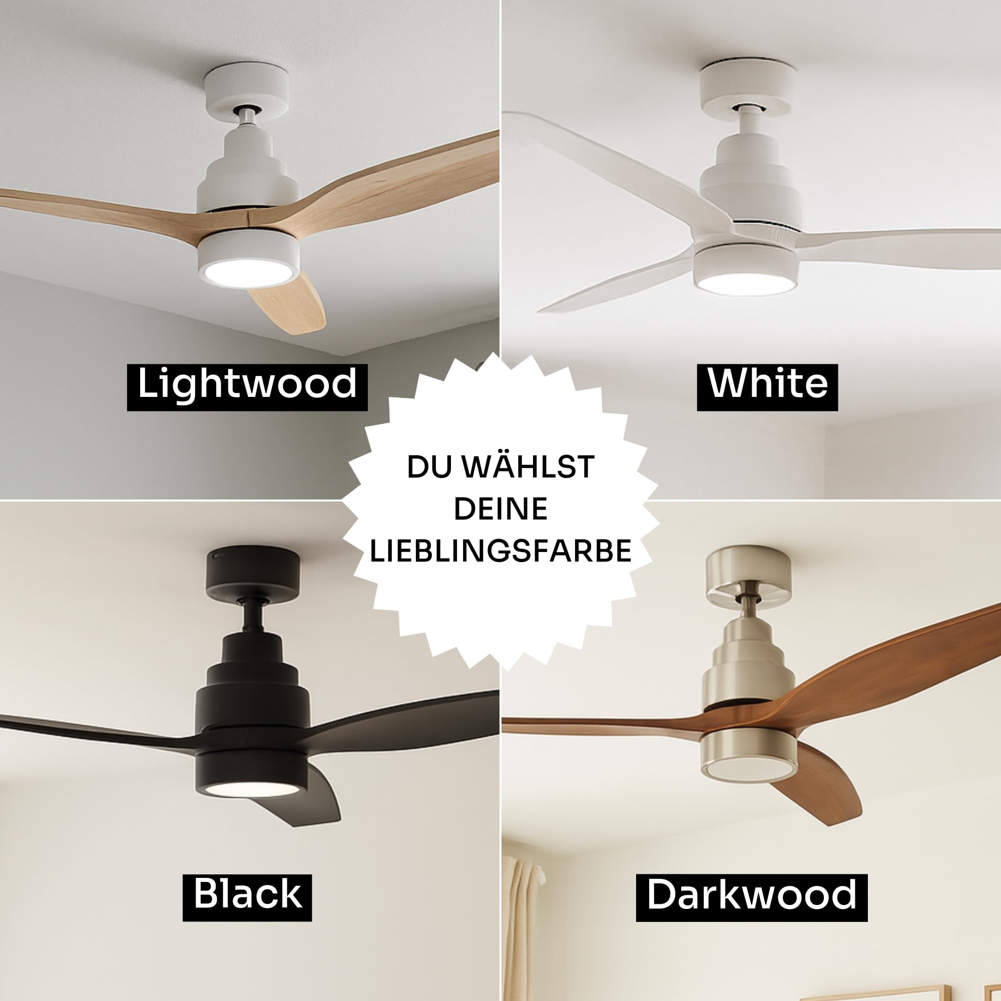 Mellerware - Deckenventilator mit Fernbedienung Brizy Bright | 45 W | 6 Geschwindigkeiten | Ultra leise | 3 Flügel 132 Durchmesser | Sommer-Winter-Funktion | Timer | LED | Lightwood