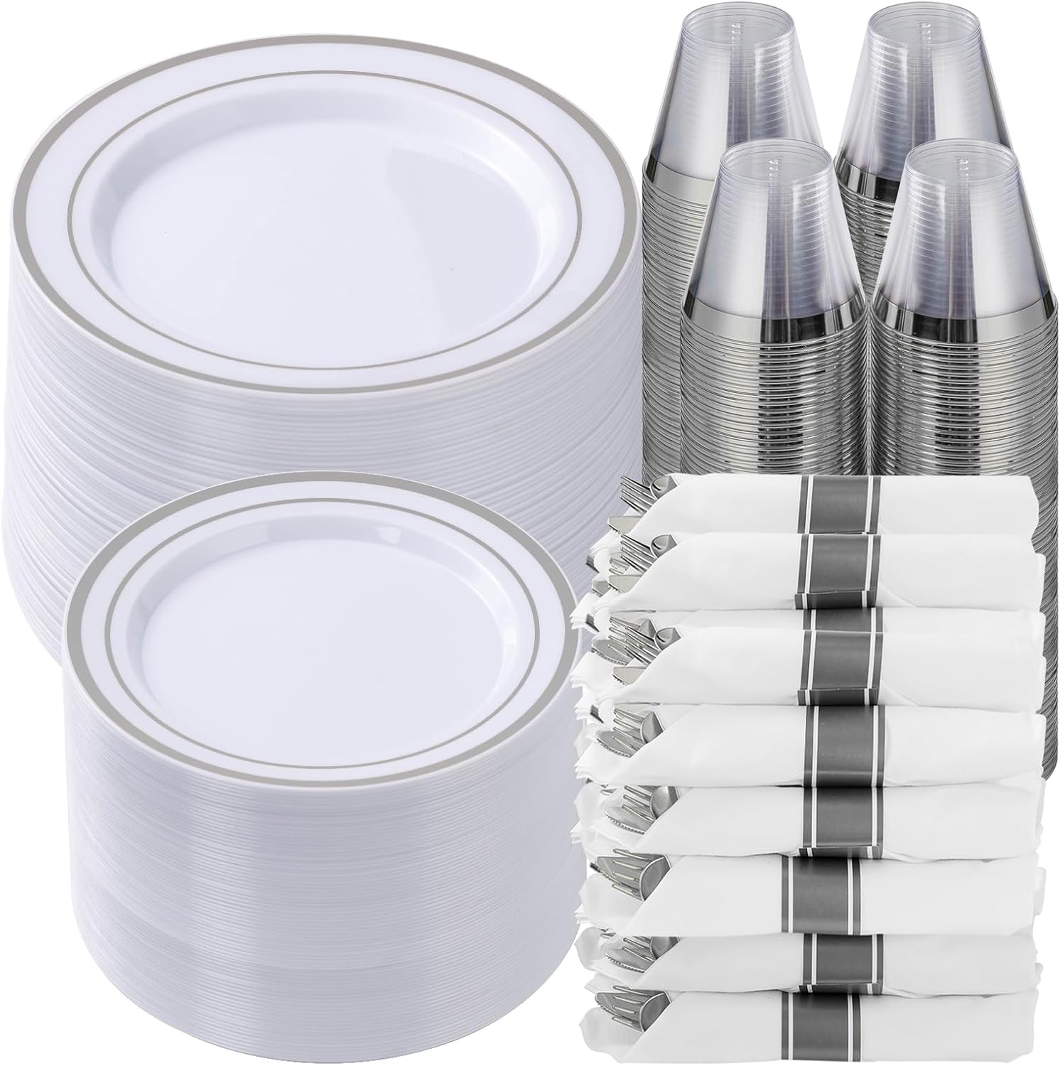 Goodluck 700 Piece Silver Plastic Dinnerware Set for 100 Guests, Disposable Plates for Party, Include: 100 Dinner Plates, 100 Dessert Plates, 100 Pre Rolled Napkins with Silverware, 100 Cups Silver 700 Piece (100 guests)