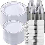 Goodluck 350 Piece Plastic Dinnerware Set for 50 Guests, Fancy Plastic Plates for Party, Dinnerware Set Include: 50 Dinner Plates, 50 Dessert Plates, 50 Pre Rolled Napkins with Silverware, 50 Cups