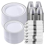 Goodluck 700 Piece Silver Plastic Dinnerware Set for 100 Guests, Disposable Plates for Party, Include: 100 Dinner Plates, 100 Dessert Plates, 100 Pre Rolled Napkins with Silverware, 100 Cups