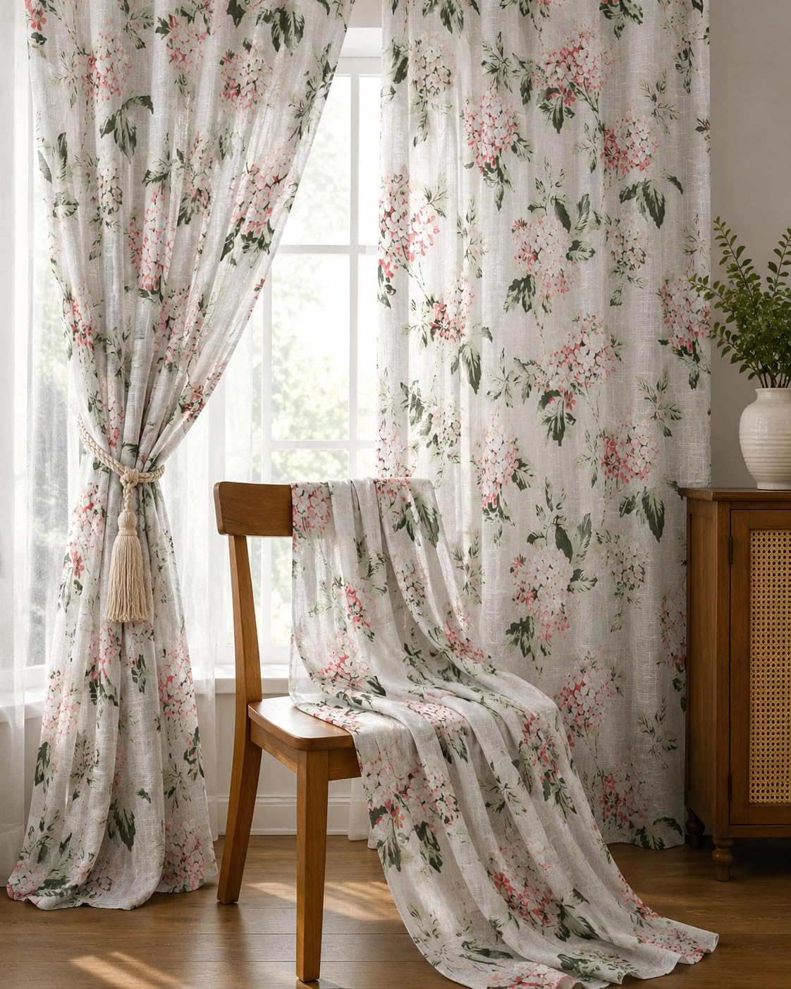 THE LINEN COMPANY Cotton Linen Extra Long Sheer Door Drapes, Semi Transparent Light Filtering Curtain with Rod Pocket, Elegant Privacy Panel for Home & Room, Flower Heaven Green, 10 Feet, Pack of 2