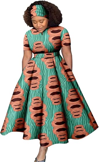 Bazin Riche African Dresses for Women Dashiki Ladies Outftis Wax Batik Print Long Dress with Turban Headwrap 277x 12