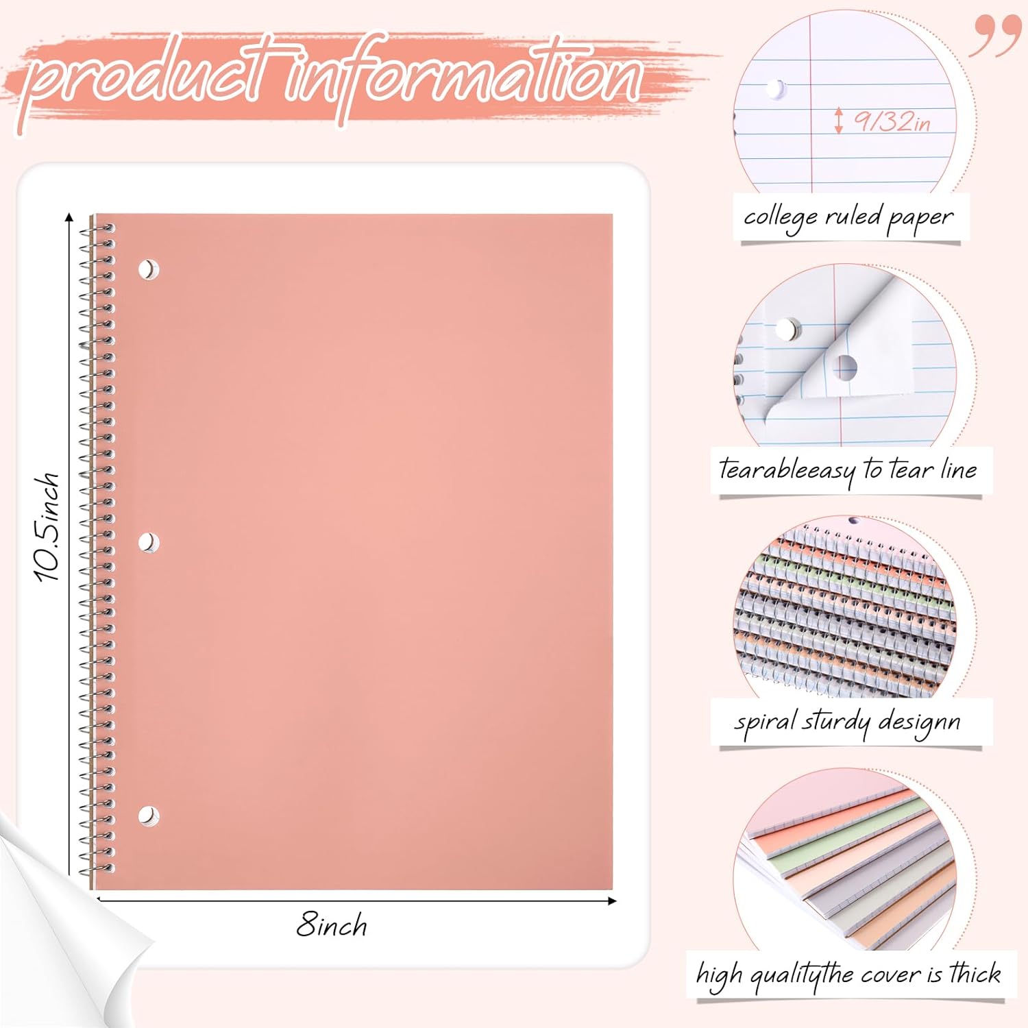 Teling 8 Pcs 1 Subject Spiral Notebook for Work College Ruled 8 x 10 1/2 Inch Spiral Journal Notebook 3 Hole Punched Paper Tear Line 70 Sheets Office School Study Supplies(Bright Color,8 Pcs)